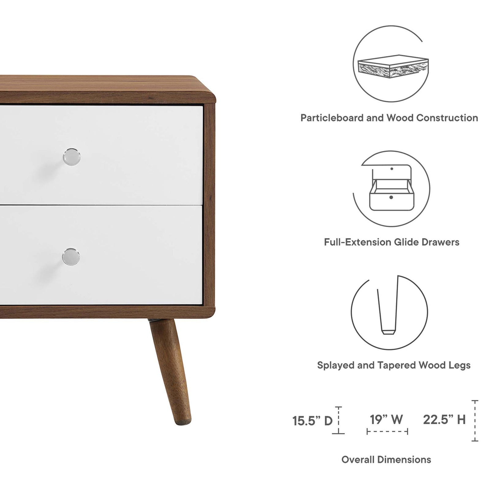 Nightstand features particleboard and wood construction, full-extension drawers, tapered legs, and printed dimensions. || MOD-7017-WAL-WHI || dimension_studio