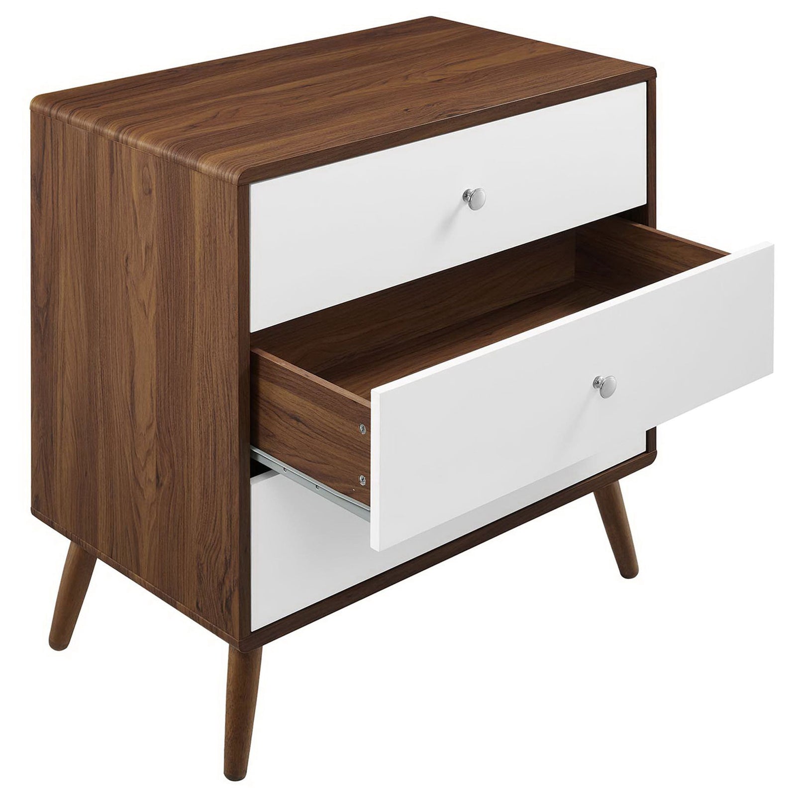 Walnut and white chest with smooth-glide drawer pulled open to reveal spacious interior storage || MOD-7018-WAL-WHI || front_angle_open_studio