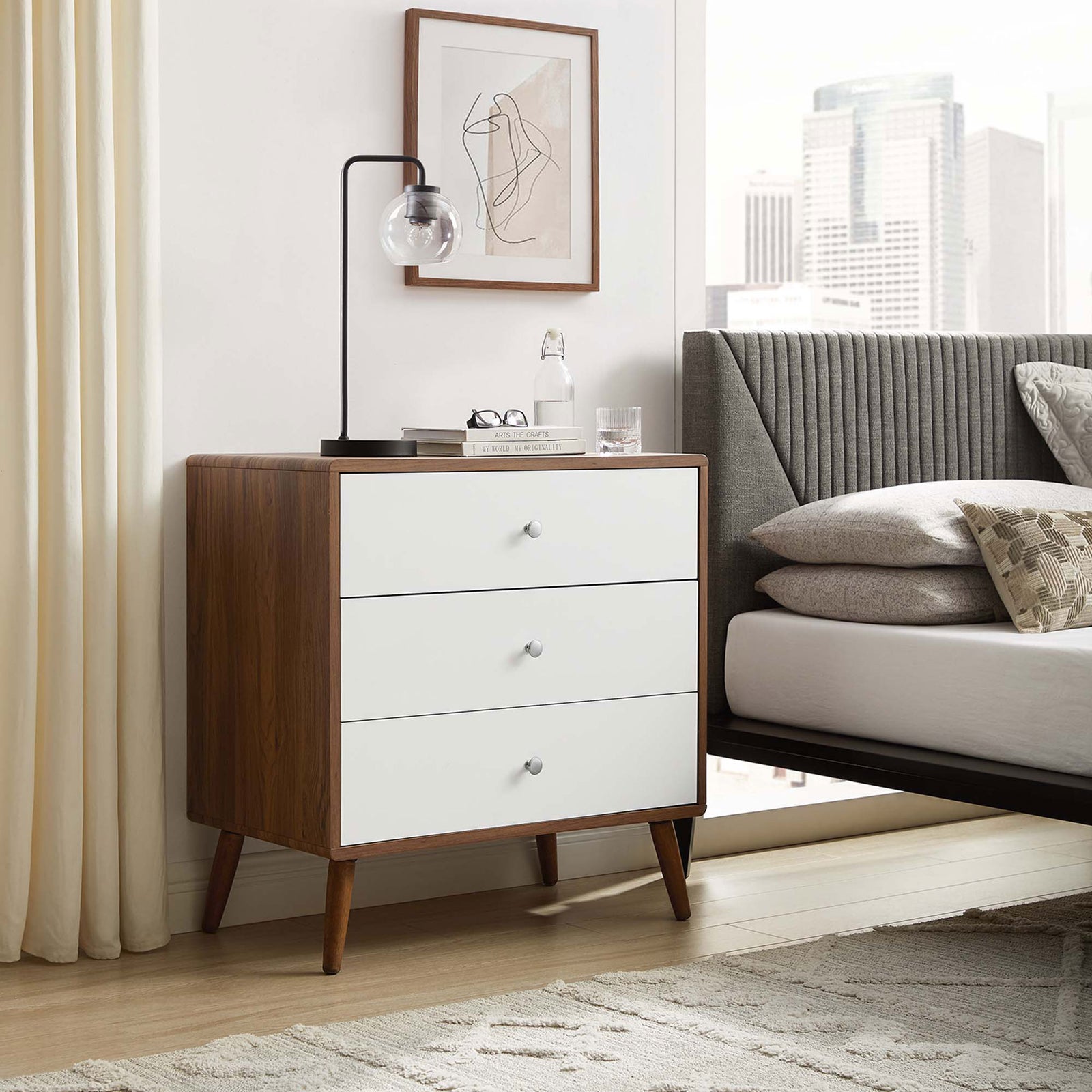 Walnut and white three-drawer chest adding mid-century charm and extra storage to a modern bedroom || MOD-7018-WAL-WHI || front_angle_room