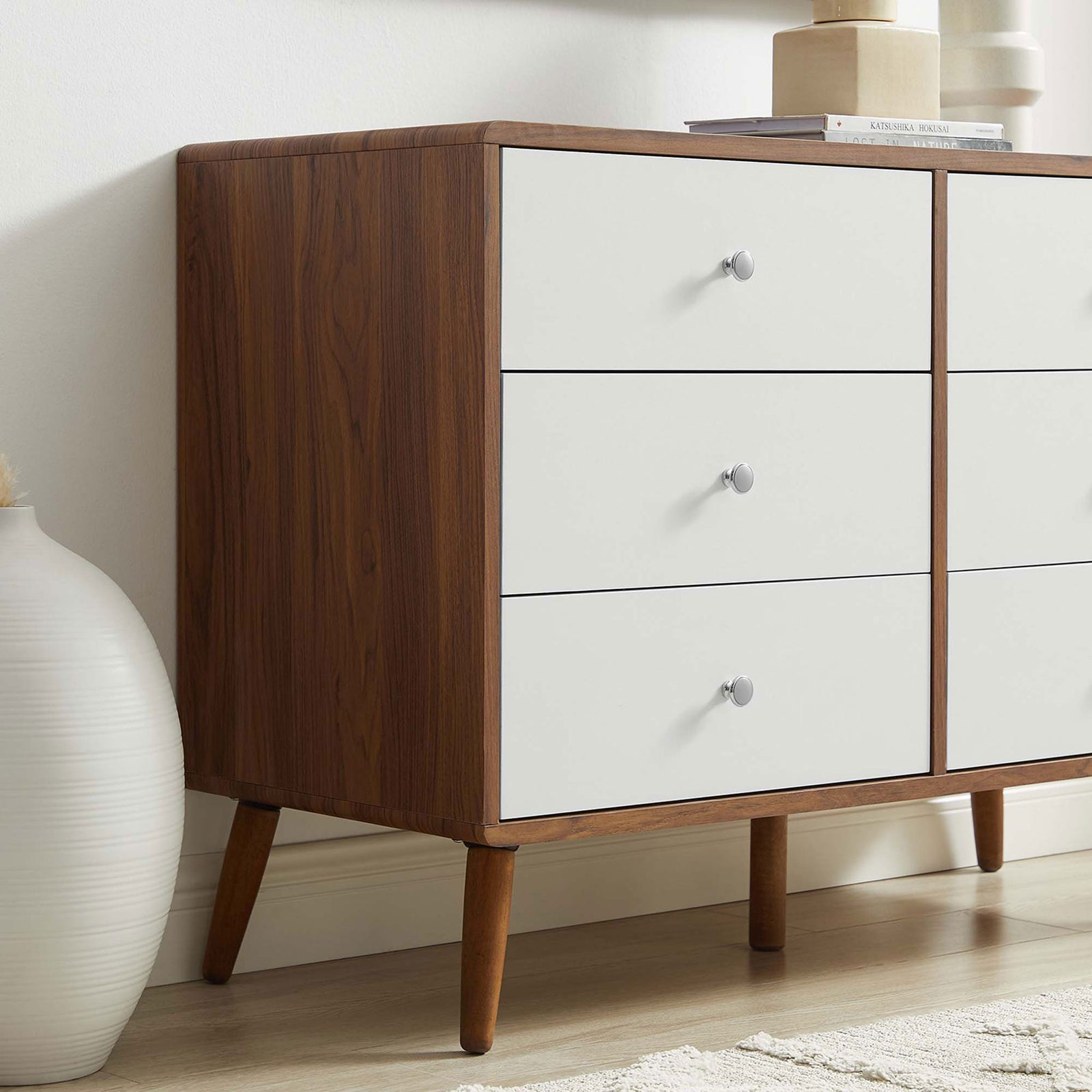 Walnut and white dresser base accented with ceramics and soft textures for a cozy bedroom look. || MOD-7021-WAL-WHI || detail_room