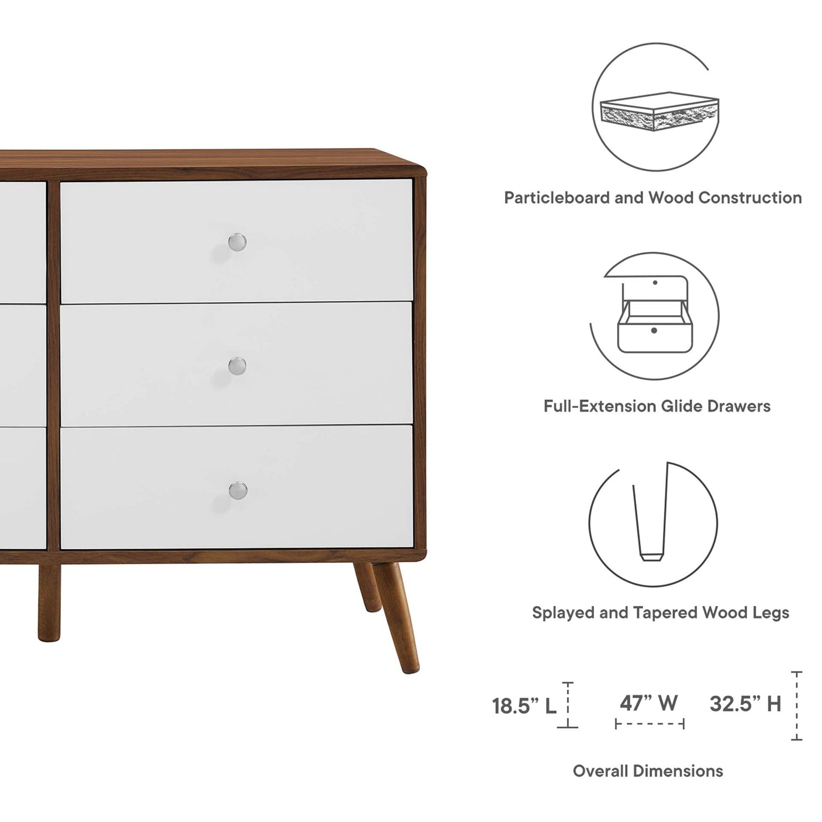 Transmit dresser features callouts for construction, glide drawers, tapered legs, and overall dimensions. || MOD-7021-WAL-WHI || dimension_studio