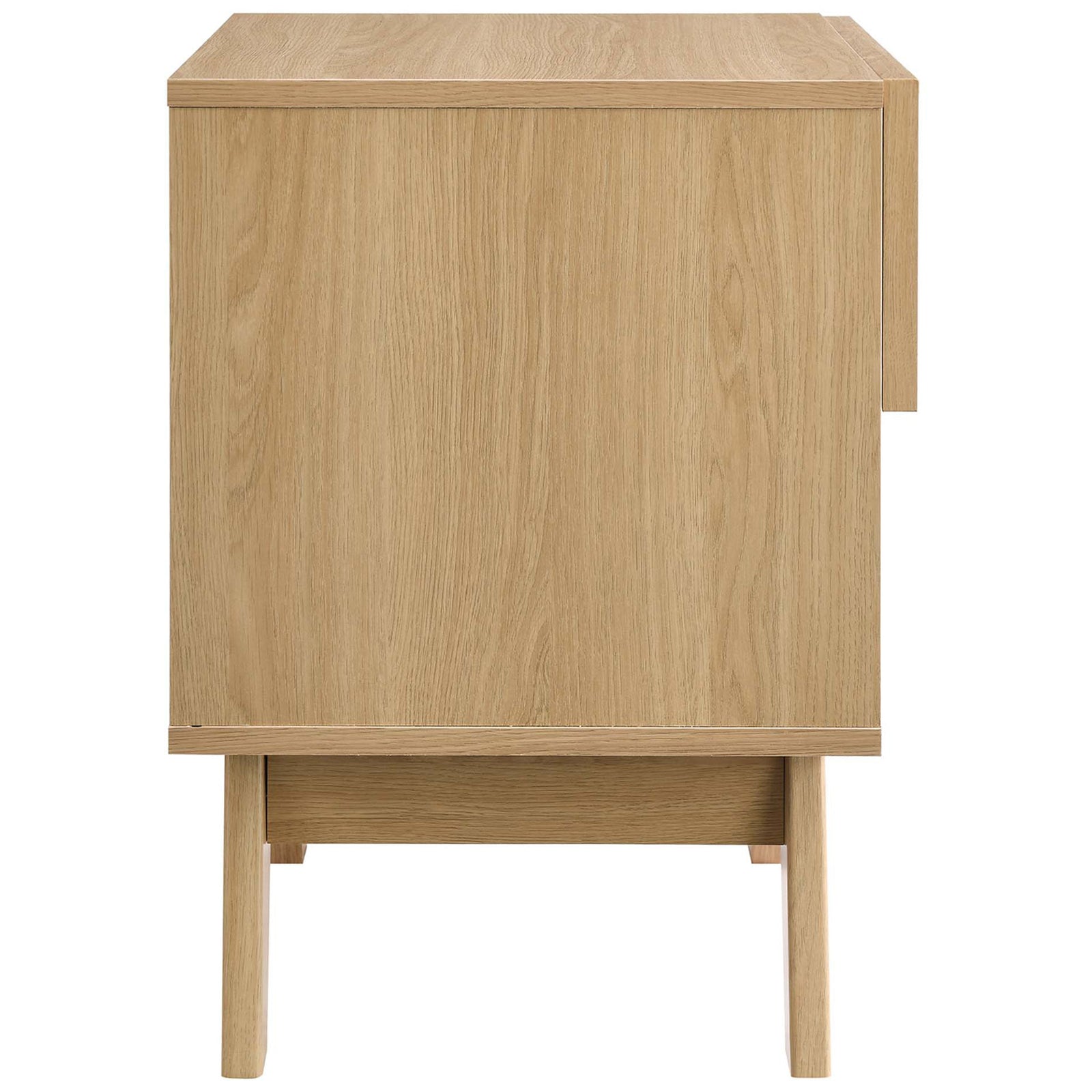 Oak nightstand side profile highlighting smooth wood grain veneer and splayed leg base || MOD-7049-OAK || side_studio