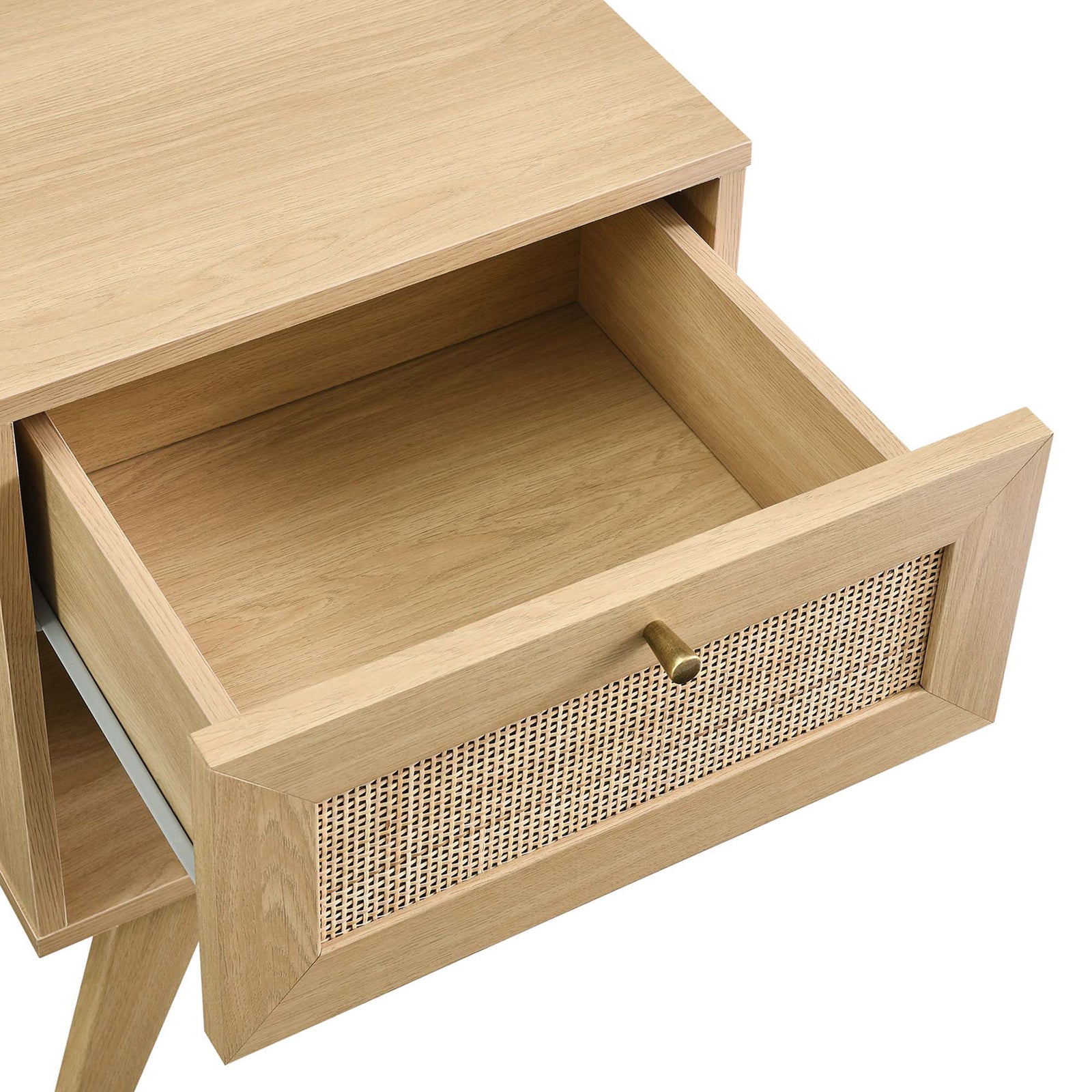 Open drawer of the Soma nightstand showing full-extension glides and roomy storage interior || MOD-7049-OAK || storage_open_studio