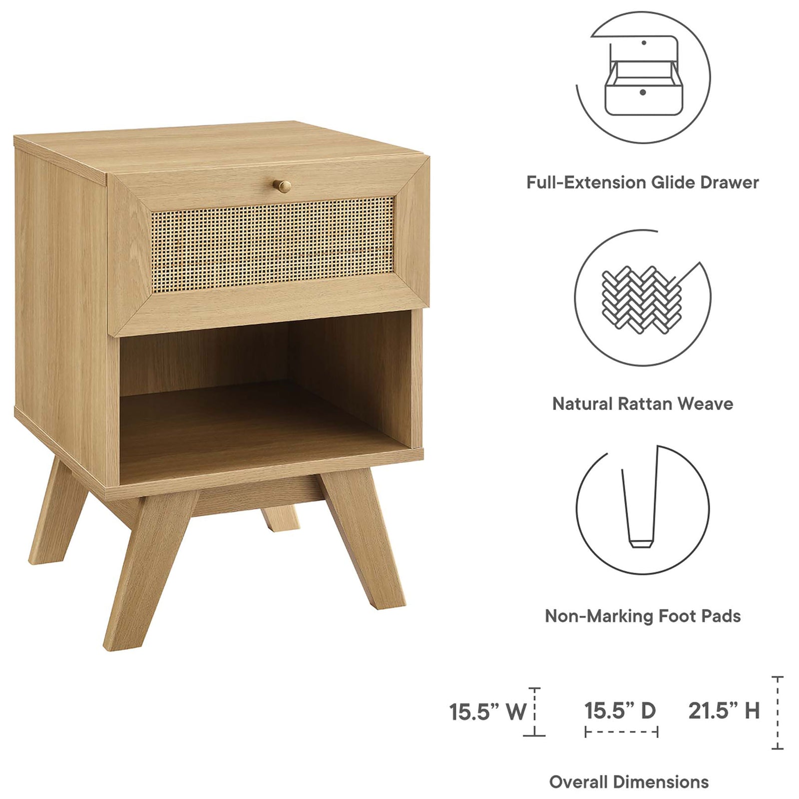 Soma oak nightstand with rattan drawer, open shelf, and icons calling out full-extension drawer and dimensions || MOD-7049-OAK || dimension_studio