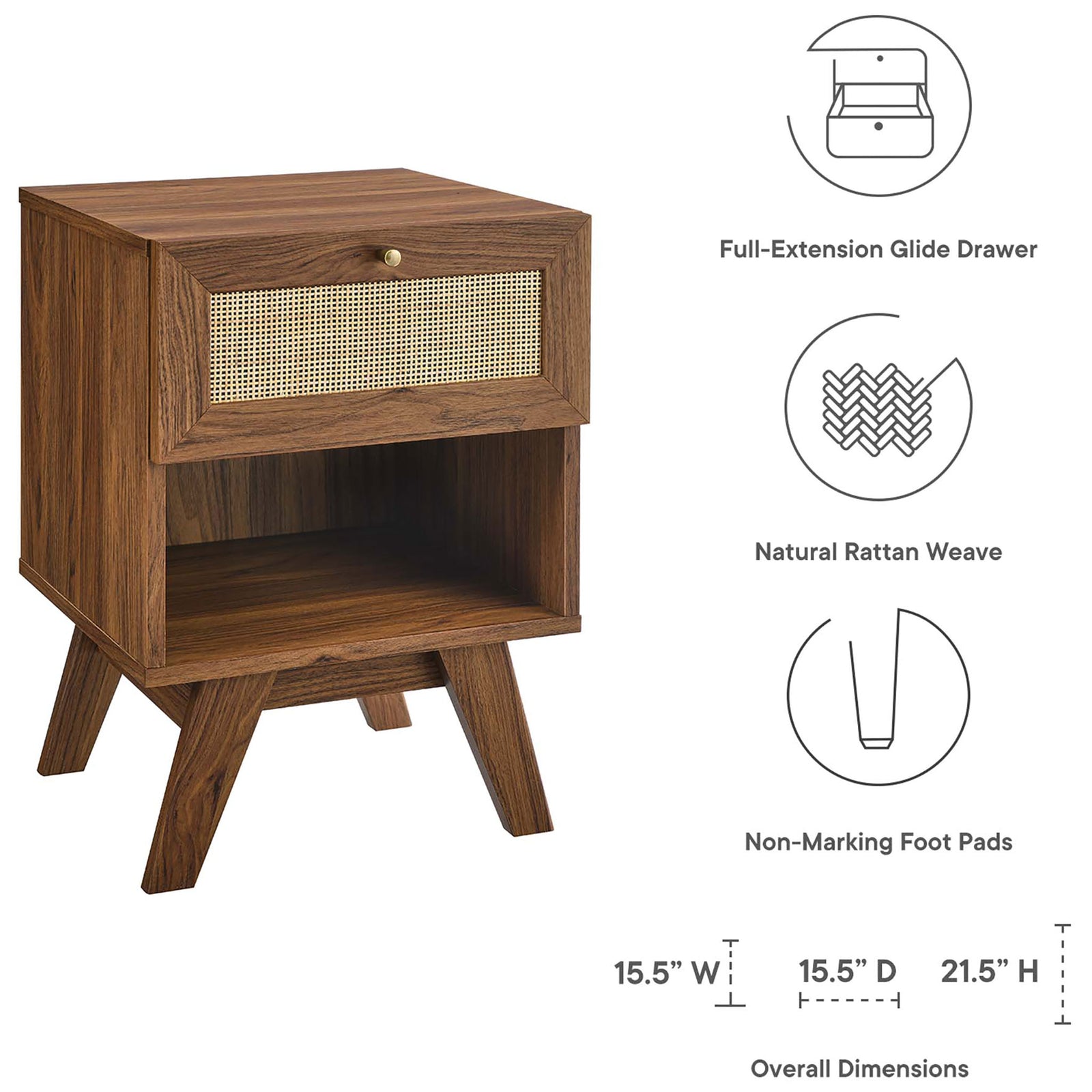 Feature graphic highlighting full-extension drawer, rattan front, and non-marking foot pads || MOD-7049-WAL || dimension_studio
