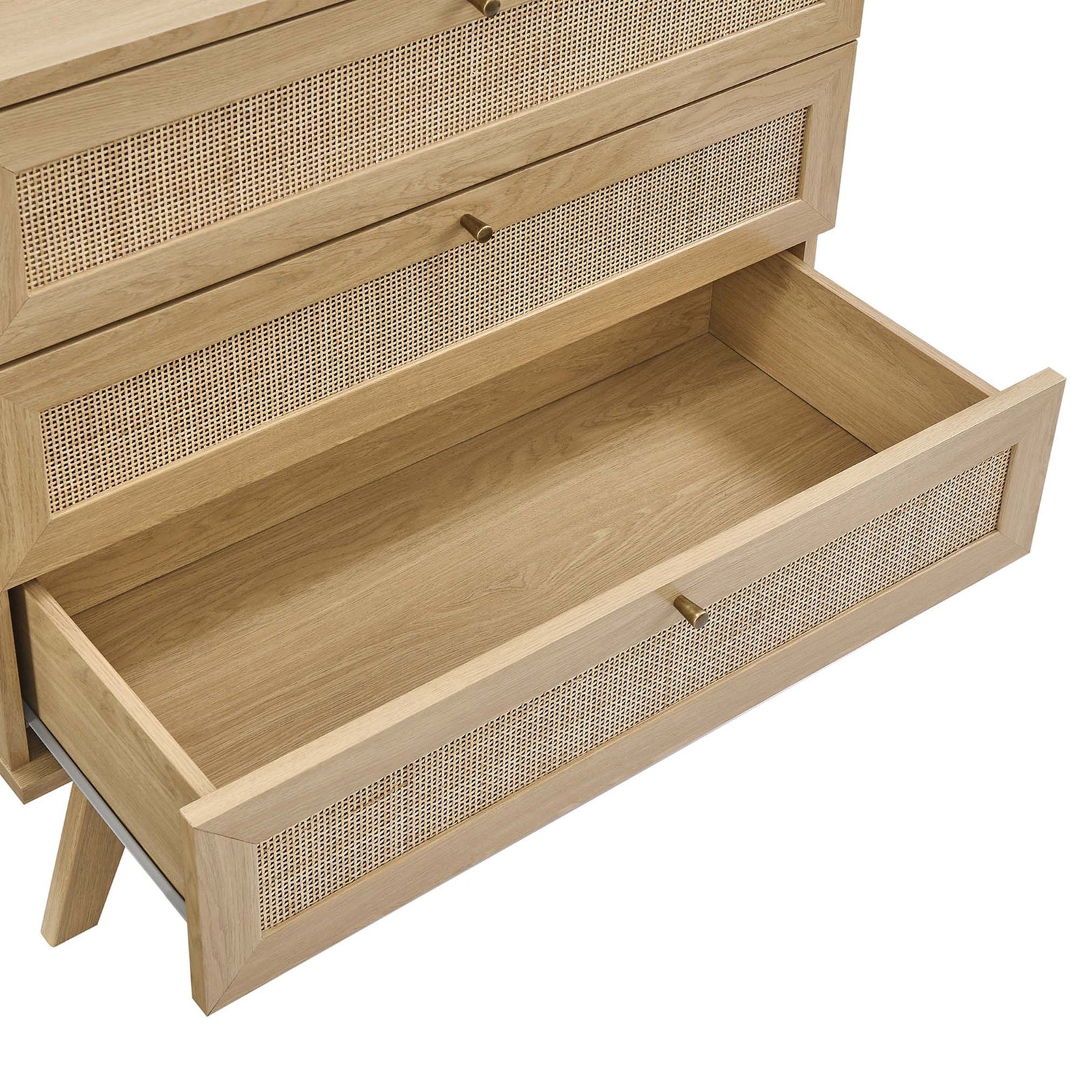 Open dresser drawer revealing spacious oak storage area with smooth interior finish and full-extension glides || MOD-7051-OAK || storage_open_studio