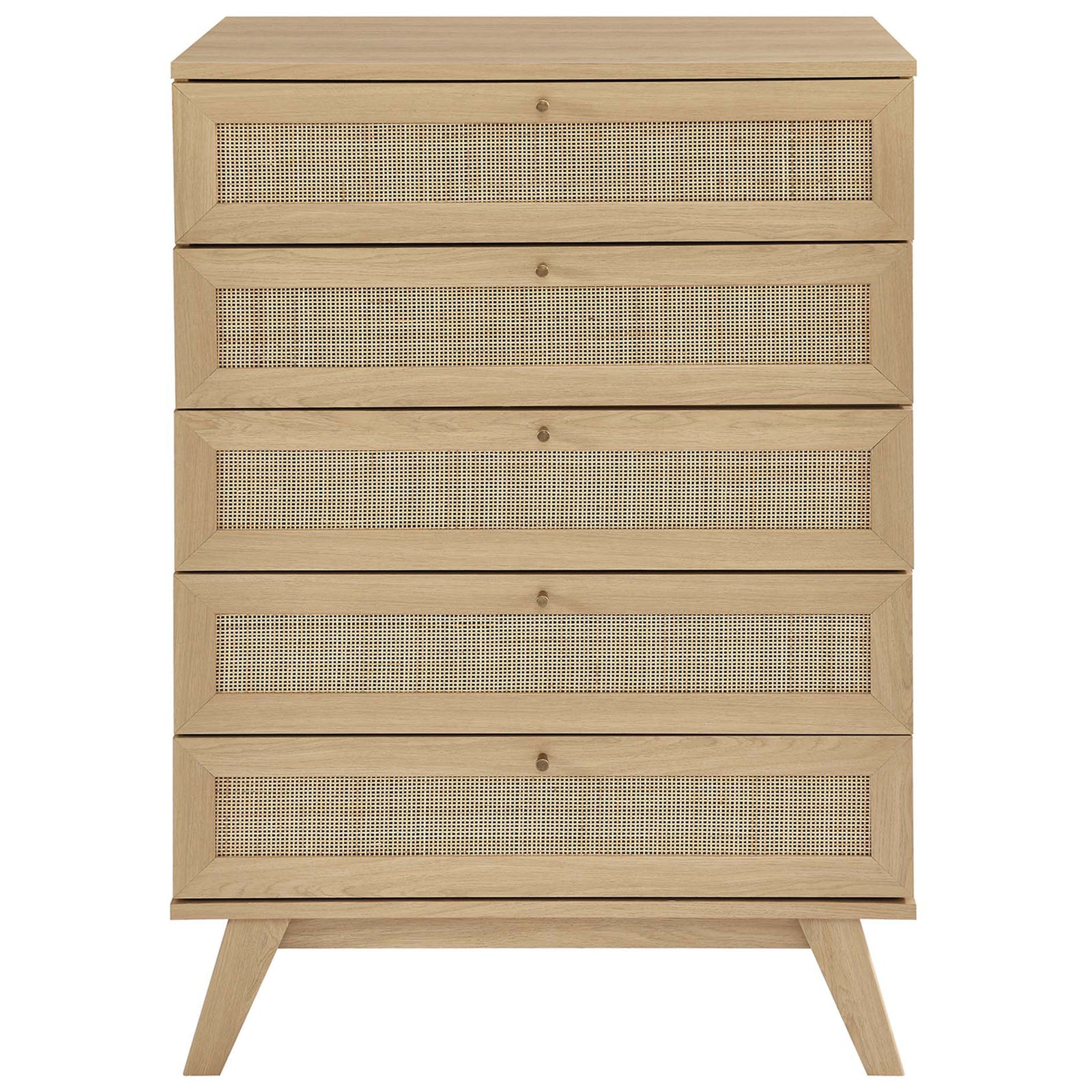 Front view of oak 5-drawer chest with woven rattan drawer fronts for airy bedroom storage || MOD-7052-OAK || front_studio