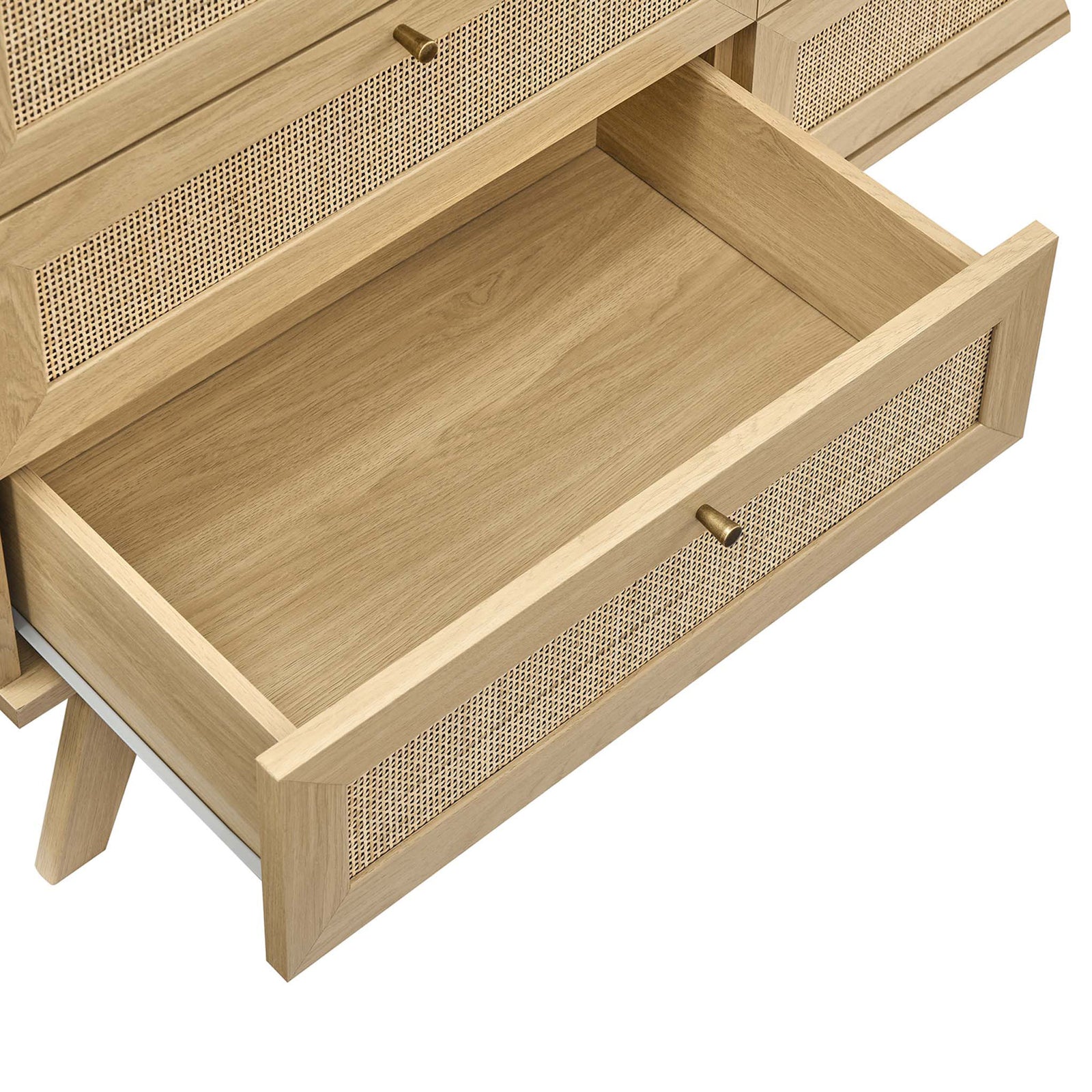 Open drawer of the Soma dresser revealing spacious oak-finished storage with smooth, full-extension glides || MOD-7053-OAK || storage_open_studio