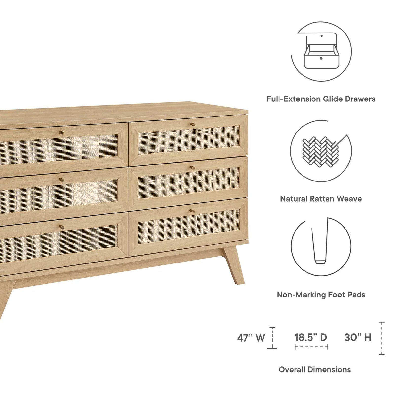 Soma dresser size and feature callouts highlighting rattan weave, glide drawers, and protective foot pads || MOD-7053-OAK || dimension_studio