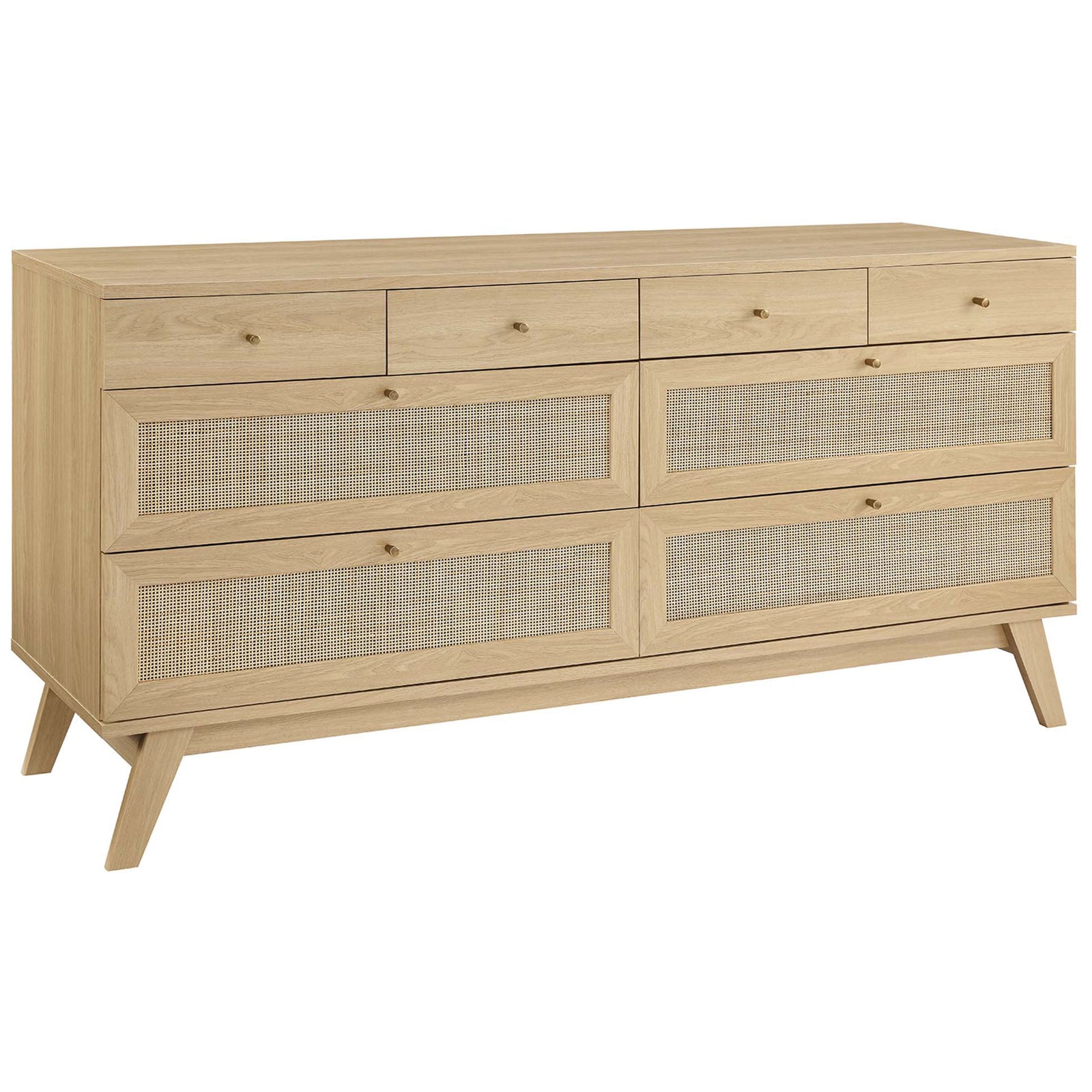 Oak 8-drawer dresser with woven rattan drawer fronts and splayed mid-century legs || MOD-7054-OAK || front_angle_studio
