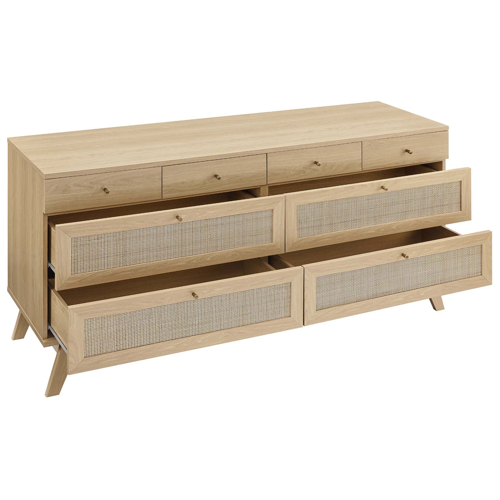 Oak 8-drawer dresser with lower drawers open to reveal spacious interior storage || MOD-7054-OAK || front_angle_open_studio