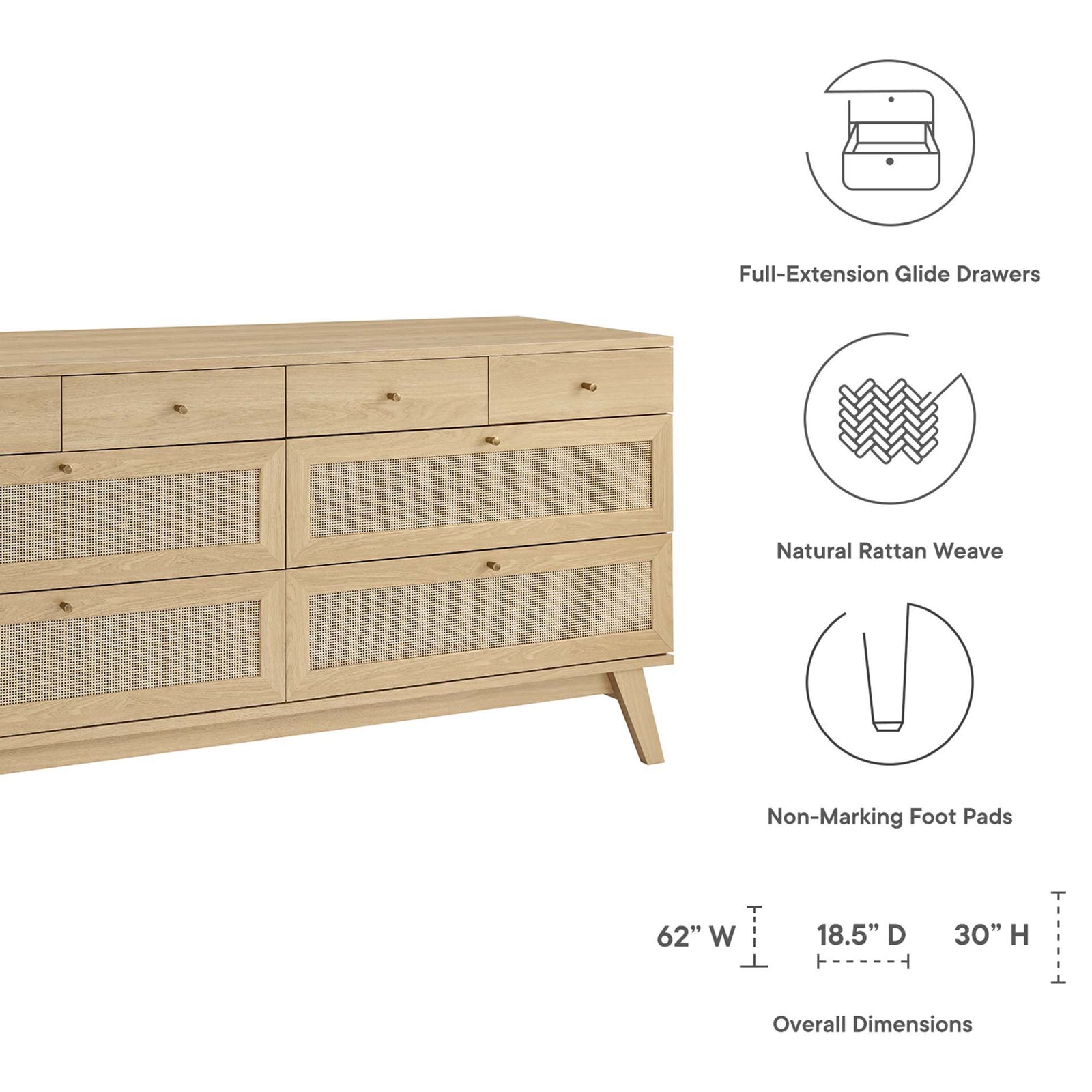 Oak dresser highlighting full-extension drawers, natural rattan weave, and overall dimensions || MOD-7054-OAK || dimension_studio