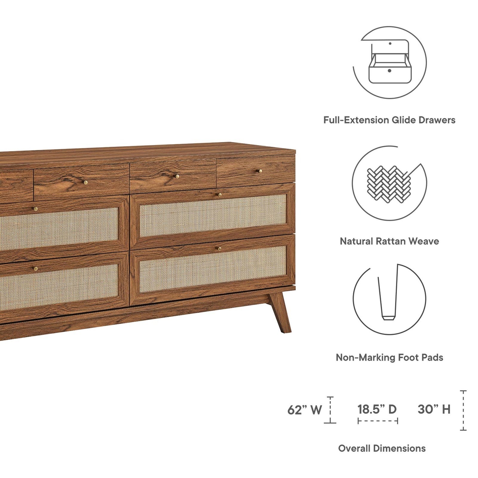 Feature graphic highlighting full-extension drawers, natural rattan details, non-marking feet, and dresser dimensions || MOD-7054-WAL || dimension_studio
