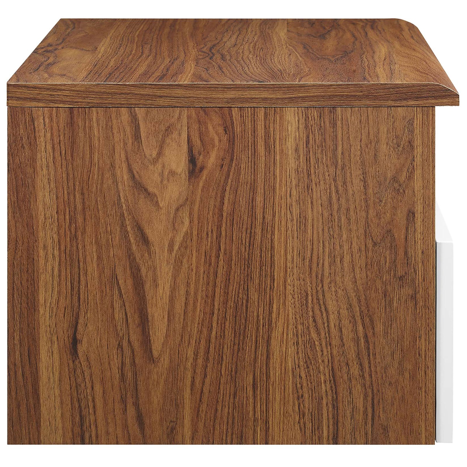 Walnut wall-mount nightstand with richly grained wood sides and floating, space-saving profile. || MOD-7057-WAL-WHI || side_studio