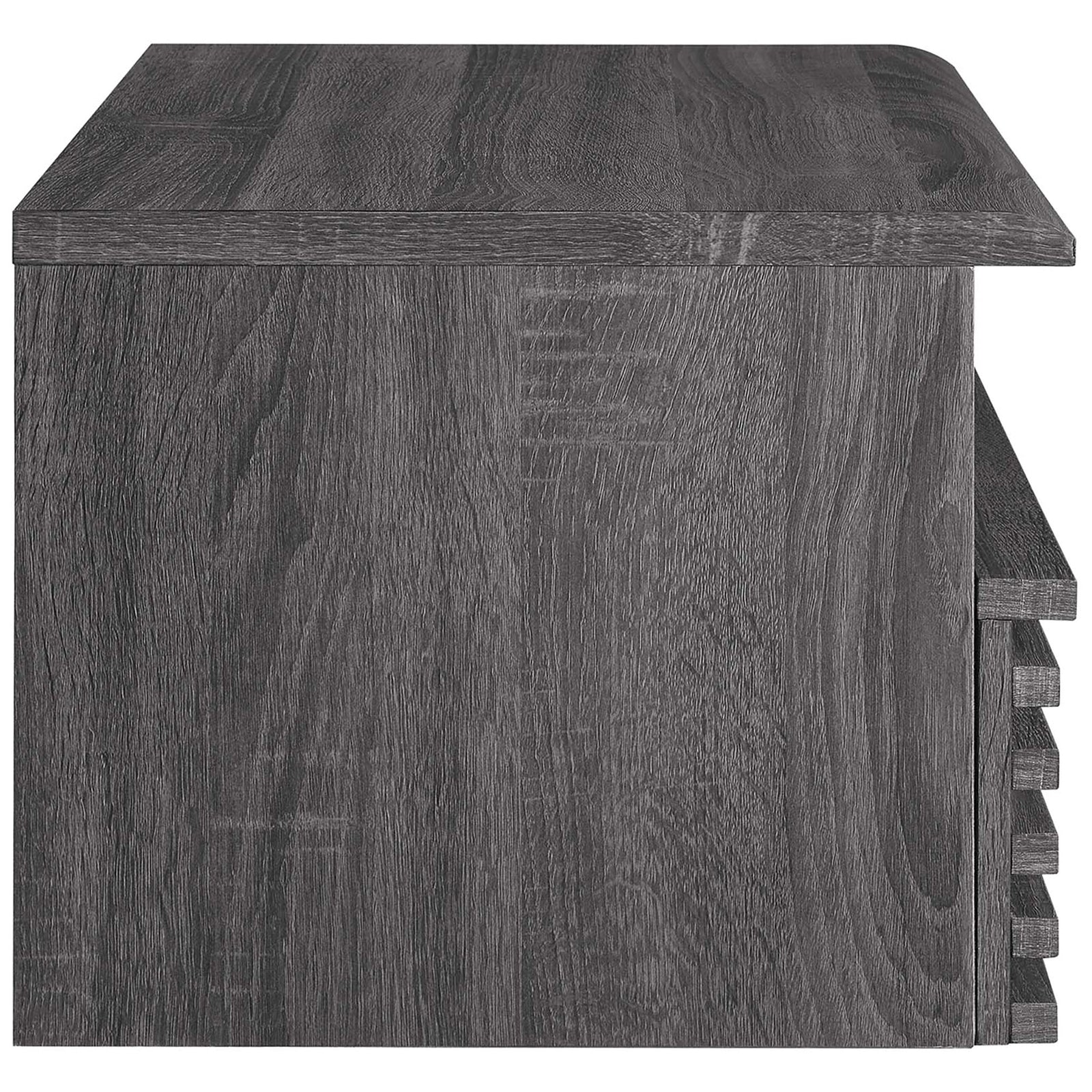Charcoal wall mounted nightstand highlighting smooth wood grain texture on the side panel || MOD-7058-CHA || side_studio