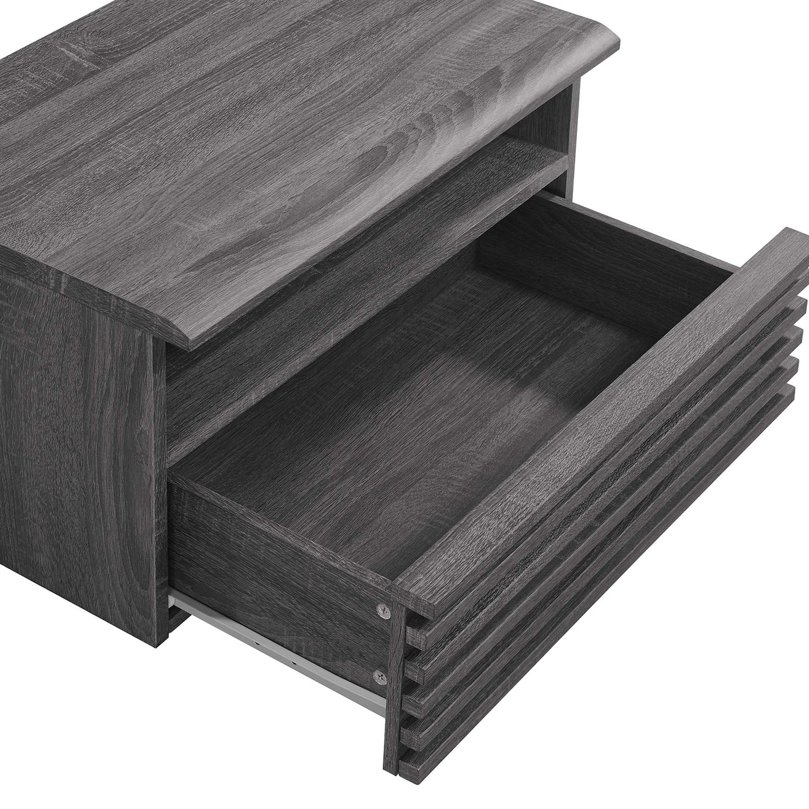 Charcoal wall mounted nightstand with full extension drawer open for easy bedside storage || MOD-7058-CHA || storage_open_studio