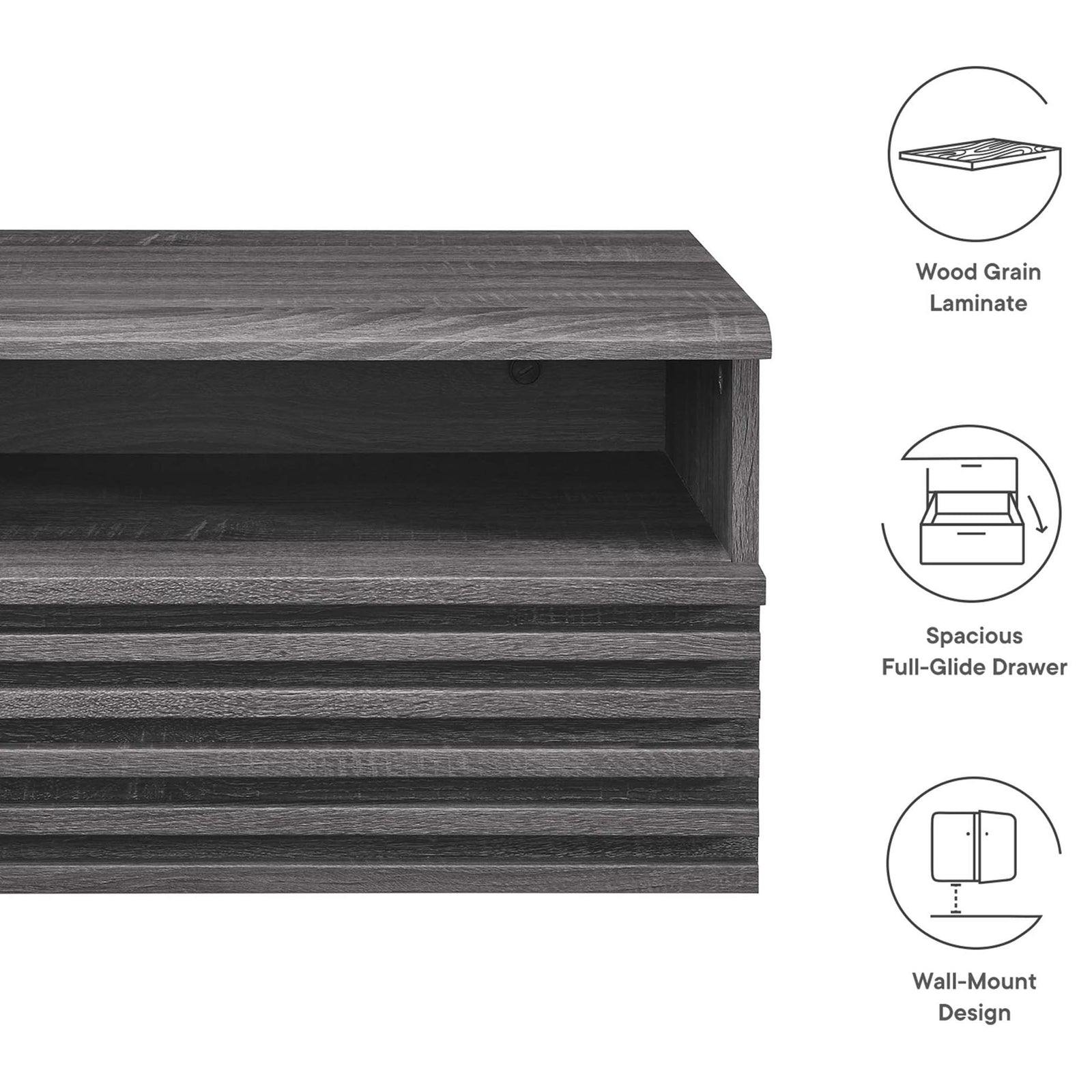 Charcoal nightstand with wood grain laminate full glide drawer and wall mount design icons || MOD-7058-CHA || callout_studio