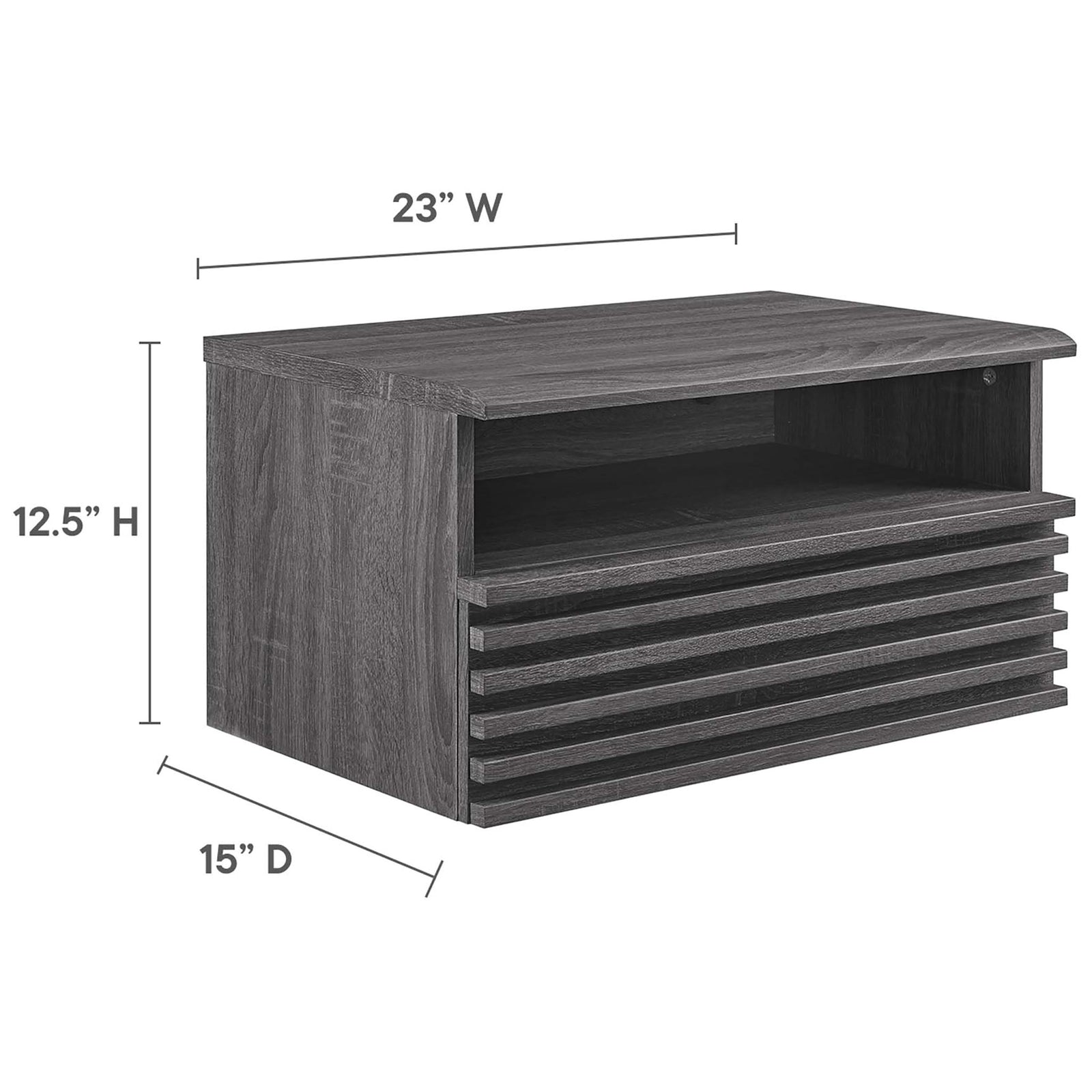 Charcoal wall mounted nightstand with labeled height width and depth measurements || MOD-7058-CHA || dimension_studio