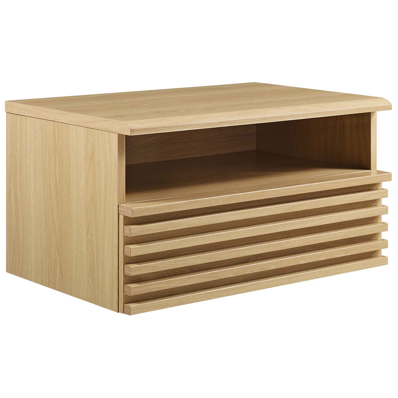 Render oak wall-mounted nightstand with slatted drawer front and open shelf for modern bedside storage || MOD-7058-OAK || front_angle_studio