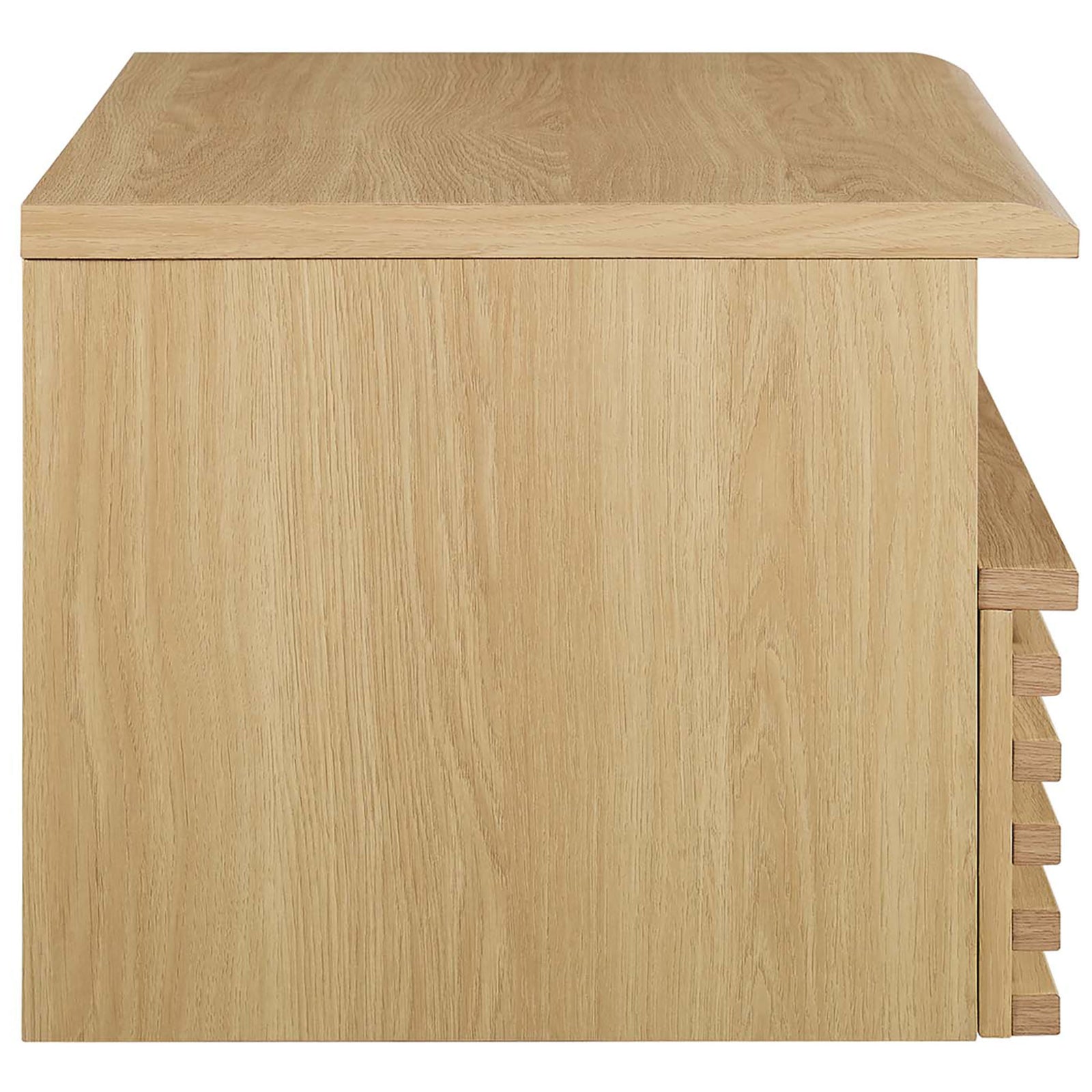 Render oak wall-mounted nightstand with smooth panel side and thick top for a solid floating look || MOD-7058-OAK || side_studio