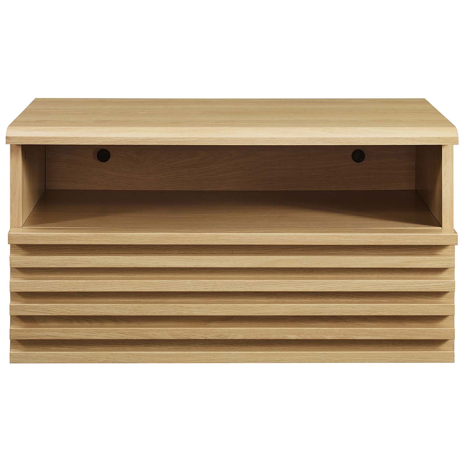 Render oak wall-mounted nightstand with open cubby, rear cable cutouts, and slatted drawer for organized storage || MOD-7058-OAK || front_studio