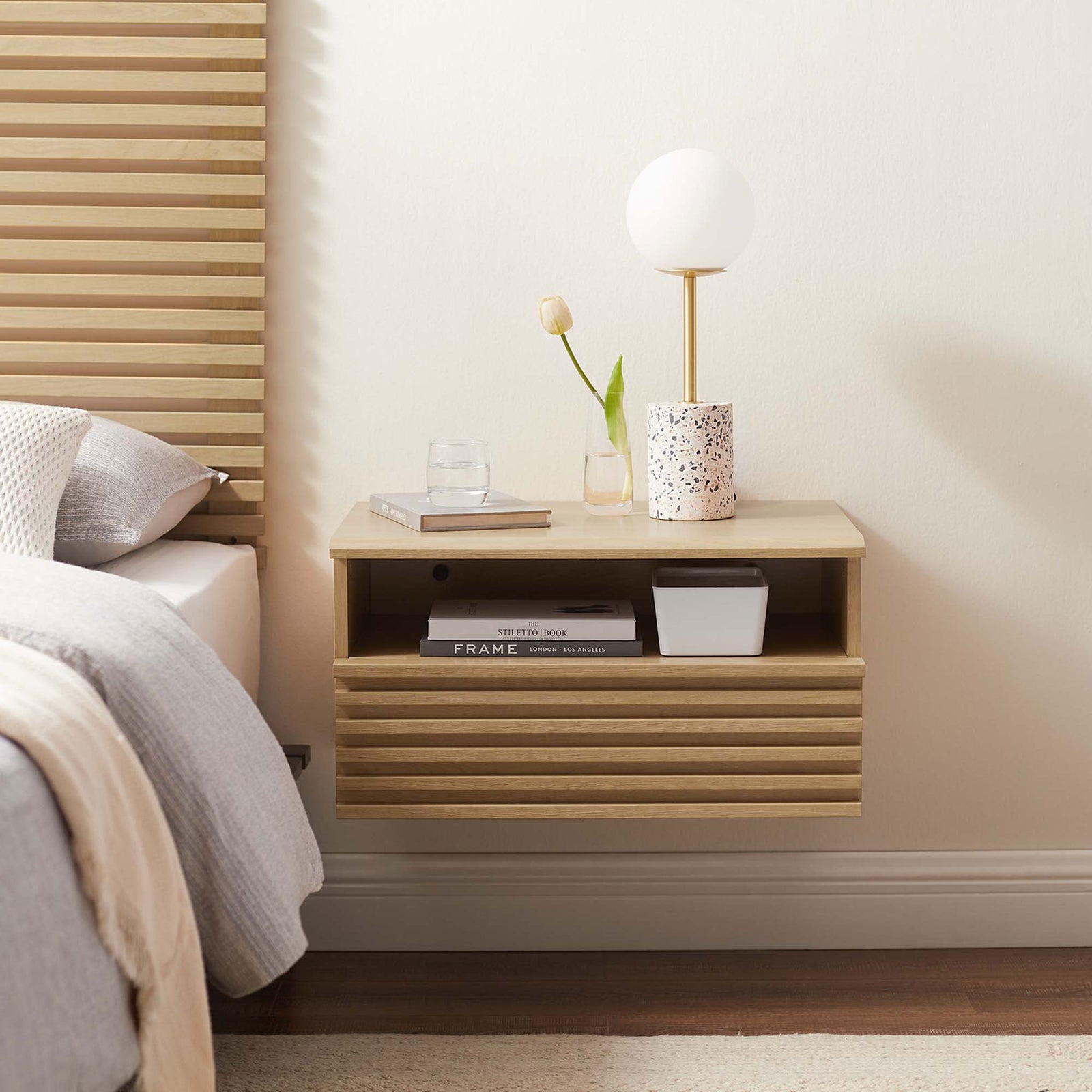 Render oak wall-mounted nightstand by the bed styled with lamp, decor, and everyday bedside items || MOD-7058-OAK || front_angle_room