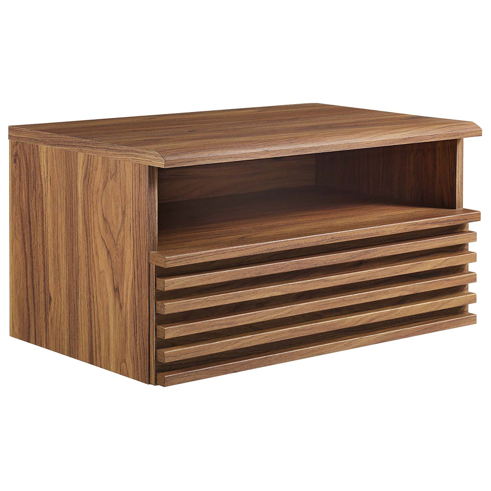 Mid-century walnut wall-mount nightstand with slatted drawer front and open cubby storage || MOD-7058-WAL || front_angle_studio