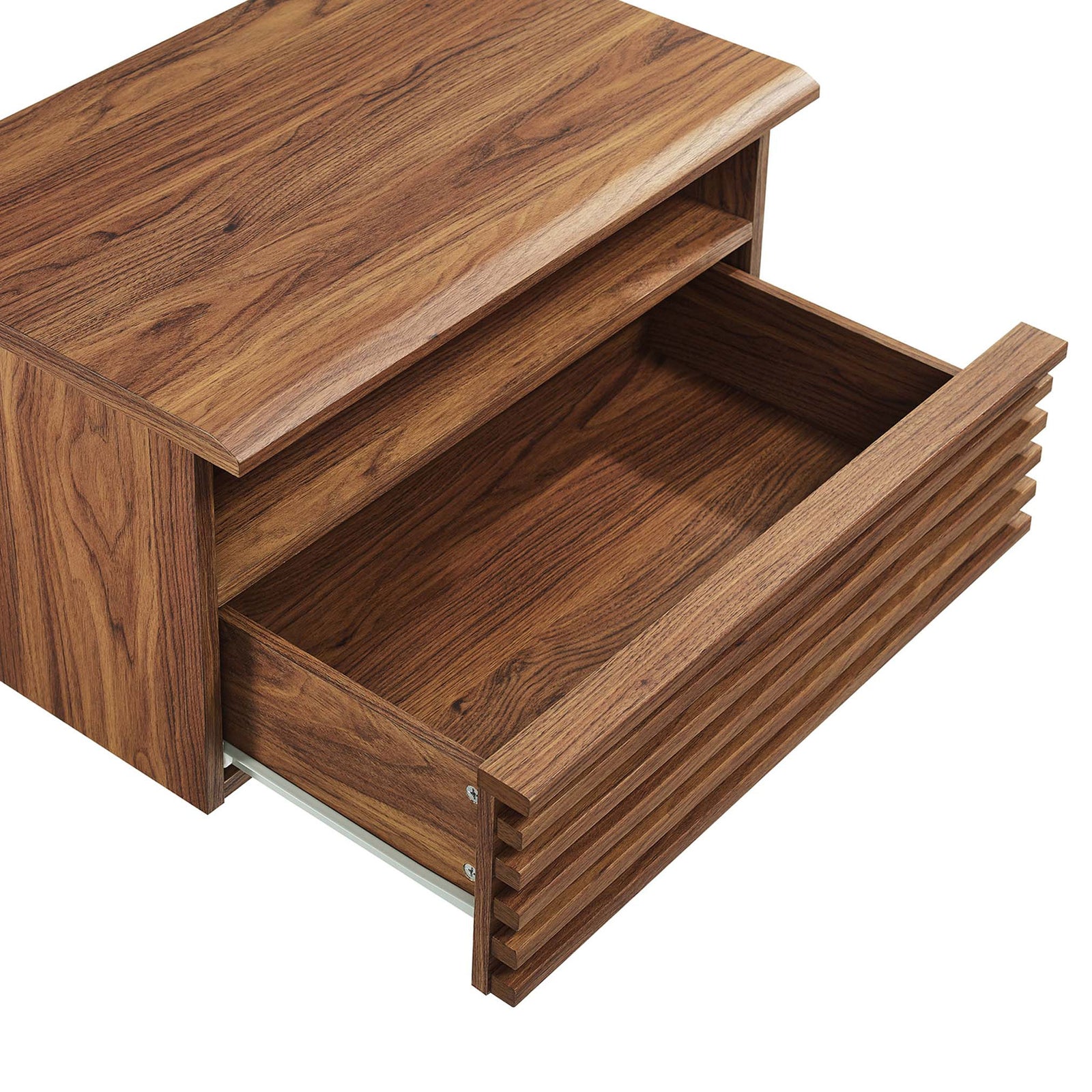 Spacious drawer glides fully open beneath open shelf on this walnut wall-mounted nightstand || MOD-7058-WAL || storage_open_studio