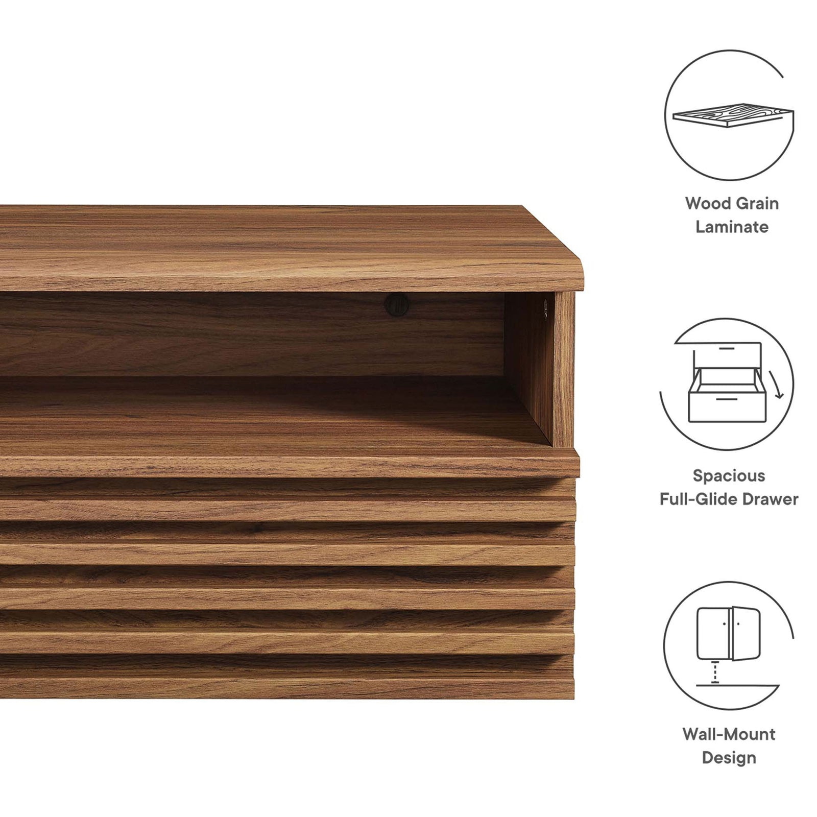 Features wood grain laminate, spacious full-extension drawer, and streamlined wall-mount nightstand design || MOD-7058-WAL || callout_studio