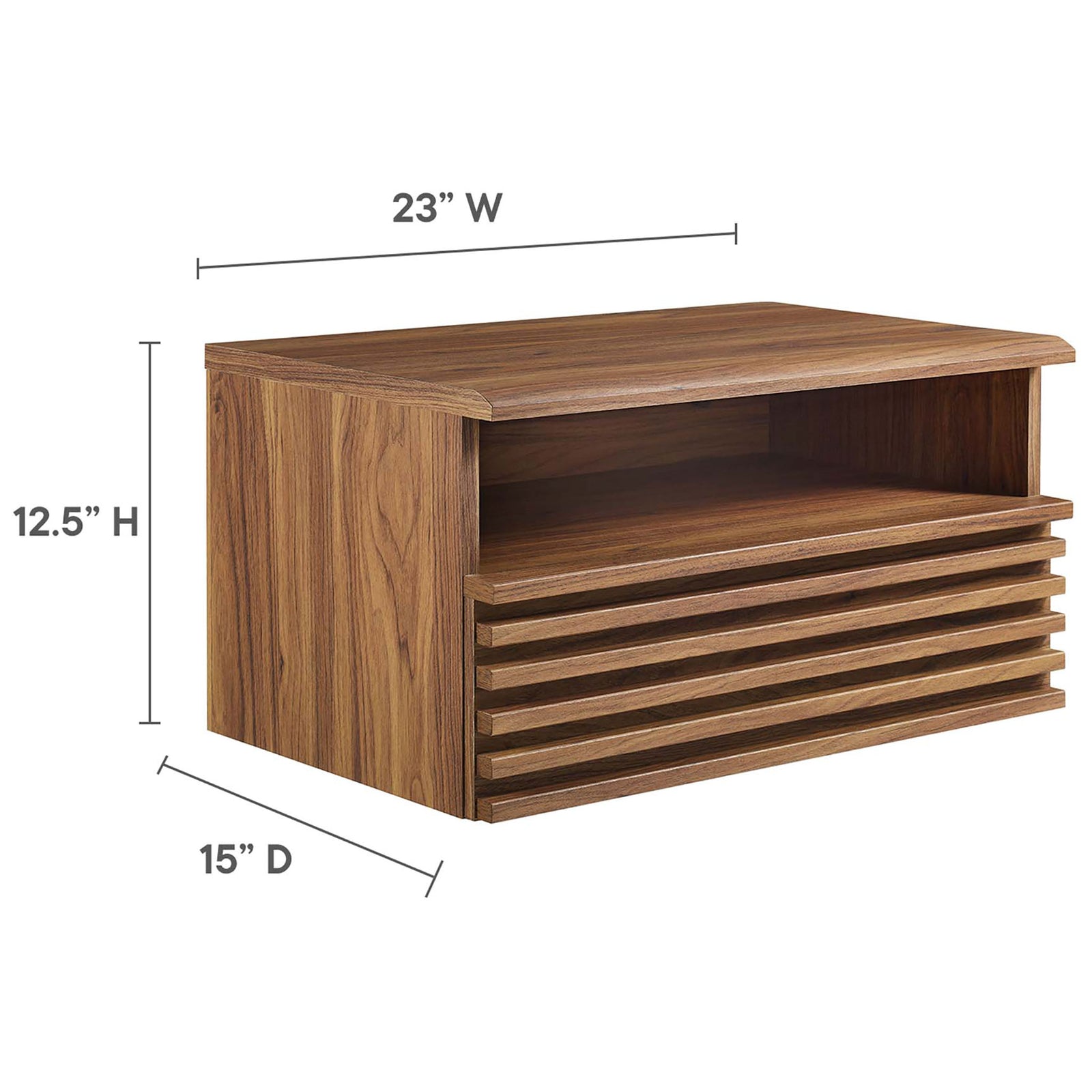 Dimensions of this walnut wall-mount nightstand shown with height, width, and depth measurements for easy planning || MOD-7058-WAL || dimension_studio