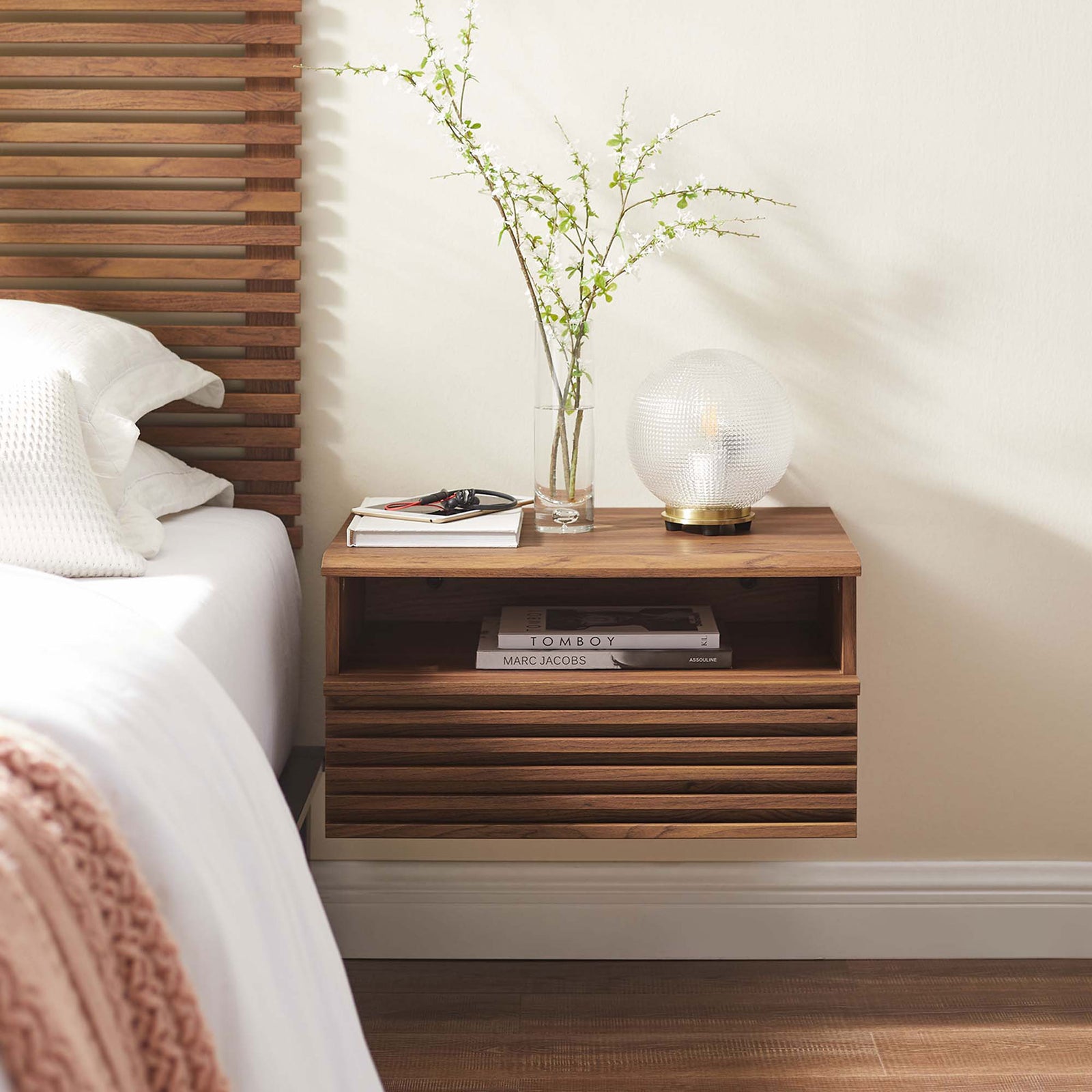 Walnut wall-mount nightstand styled beside bed with lamp, books, and minimalist mid-century decor || MOD-7058-WAL || front_angle_room