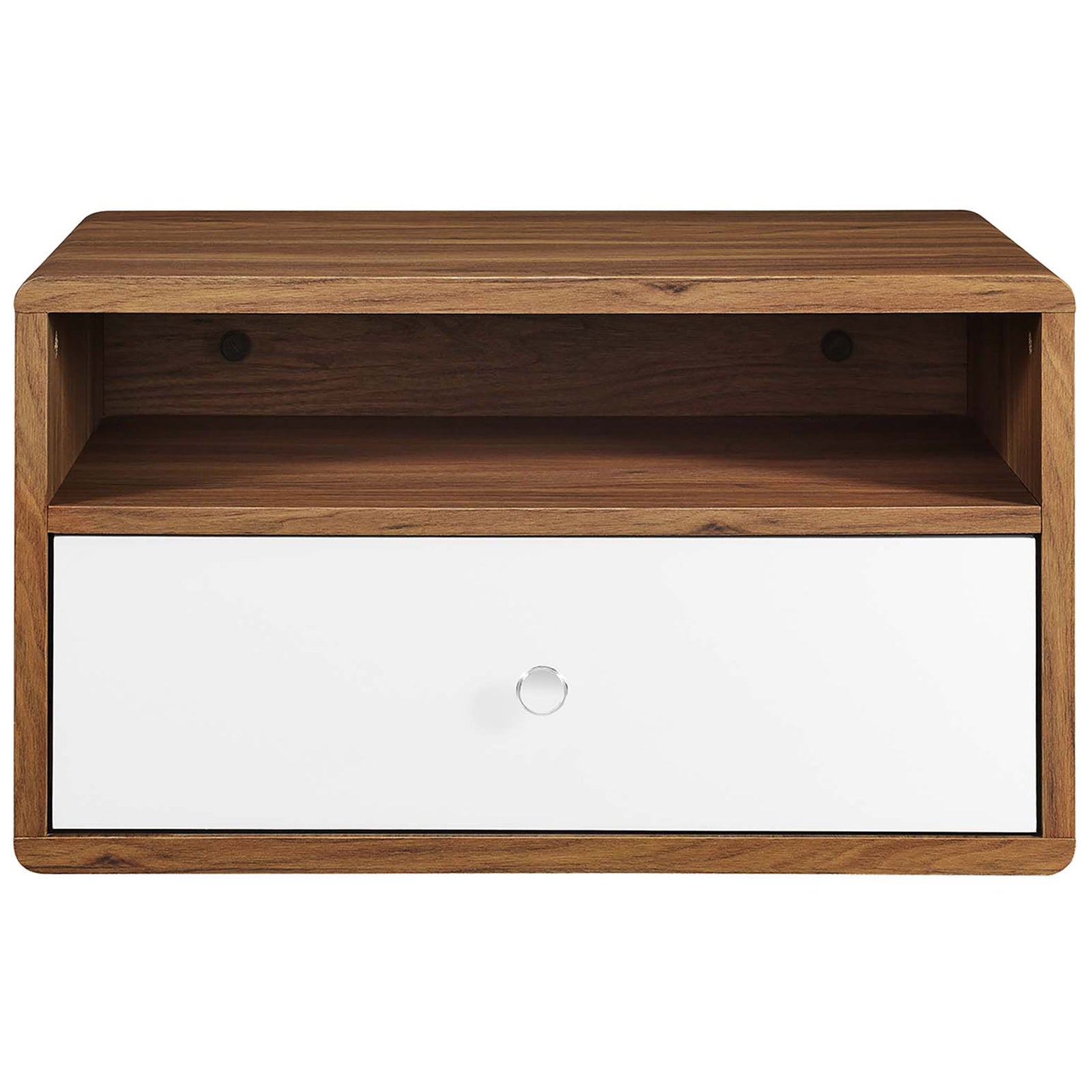Mid-century wall-mounted nightstand with open shelf and white drawer front in warm walnut finish || MOD-7059-WAL-WHI || front_studio