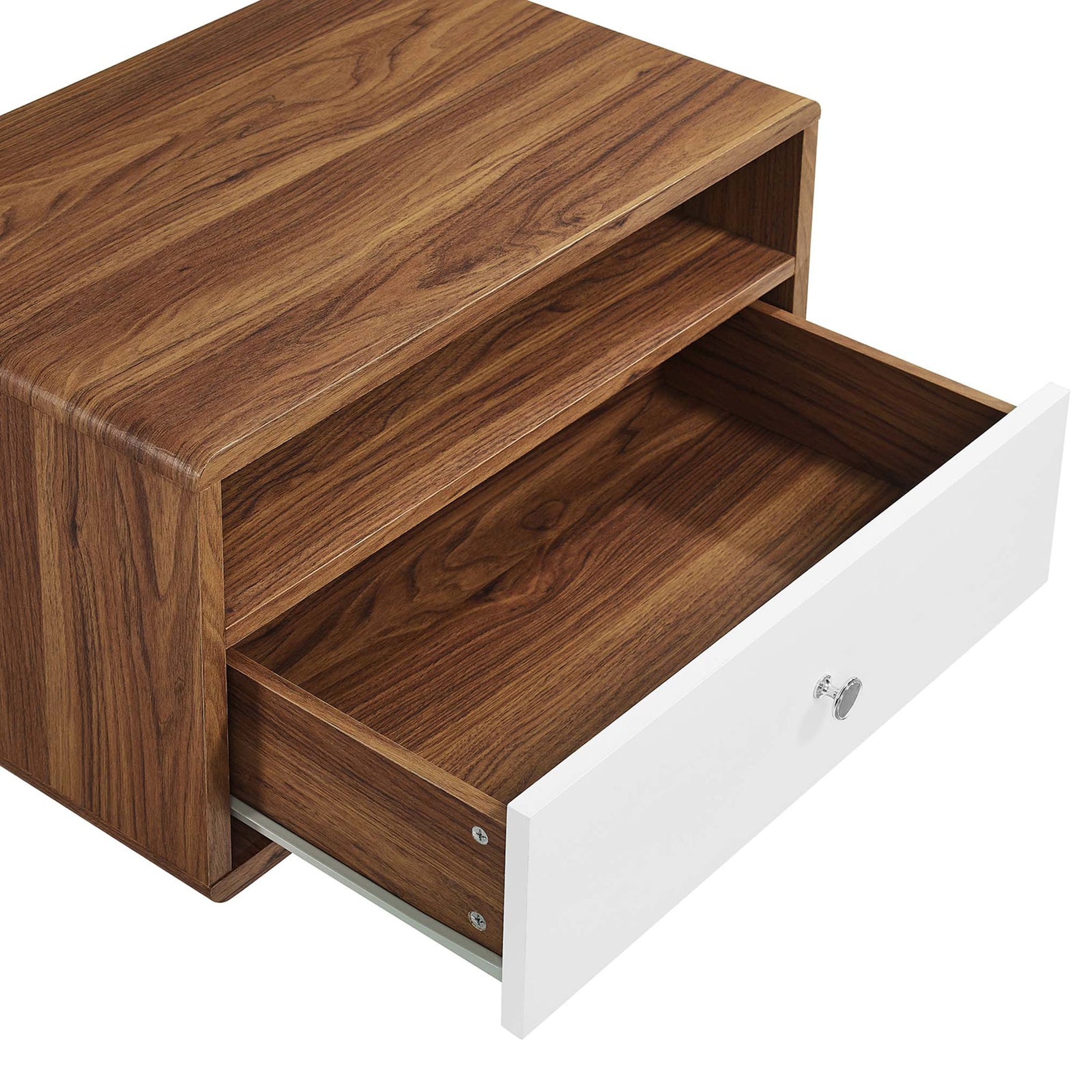 Wall-mounted nightstand with spacious open shelf and drawer fully extended to reveal interior storage || MOD-7059-WAL-WHI || storage_open_studio