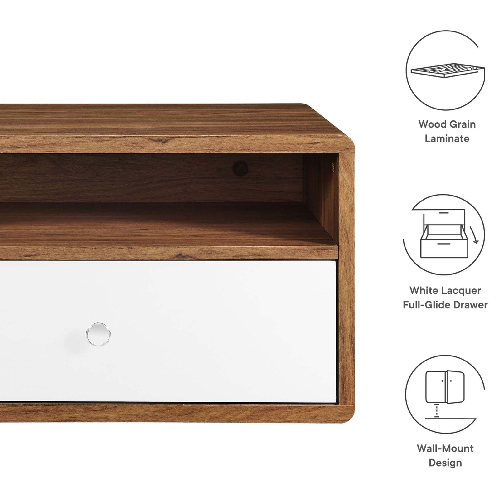 Nightstand detail highlighting wood grain laminate, white lacquer full-glide drawer, and wall-mount design || MOD-7059-WAL-WHI || callout_studio