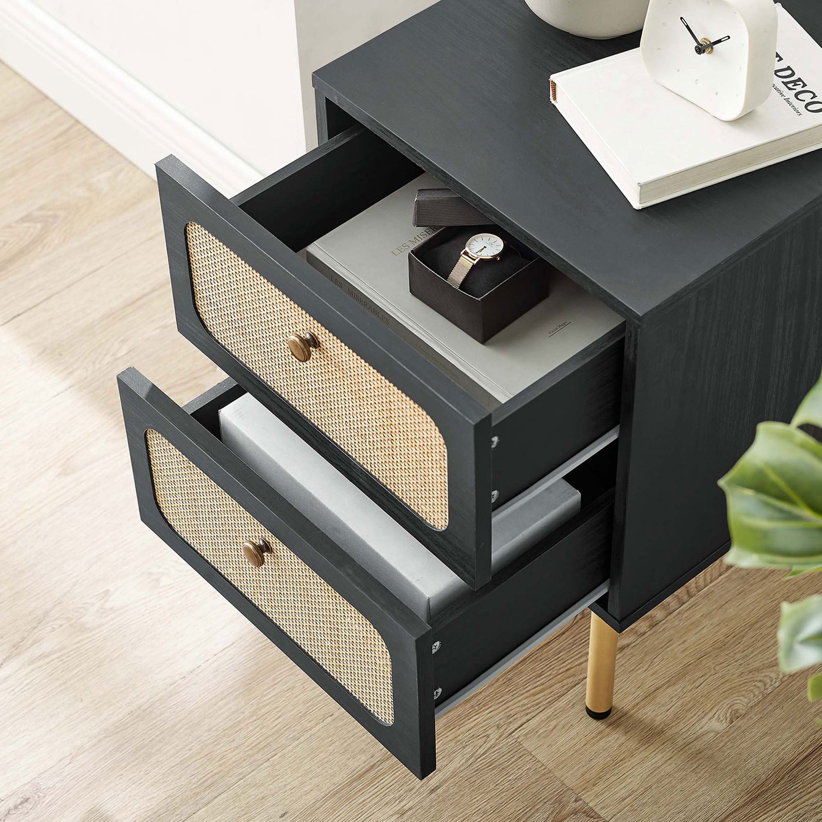 Styled nightstand top with both drawers pulled out to show organized bedside storage options || MOD-7063-BLK || storage_open_room