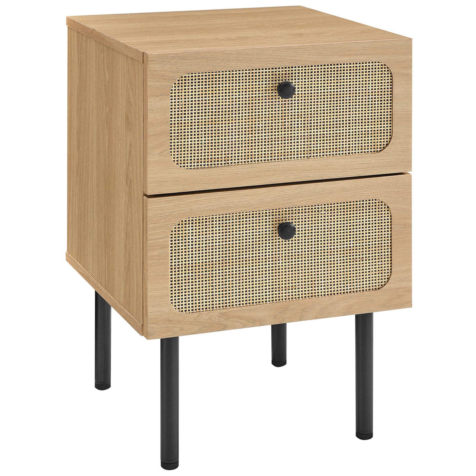 Oak nightstand with two oval rattan drawers and slim black metal legs for a modern airy look || MOD-7063-OAK || front_angle_studio