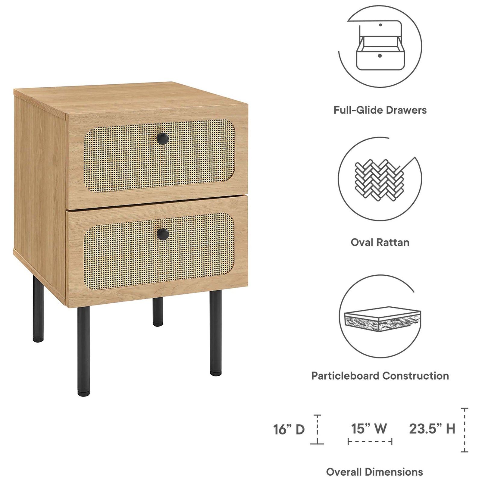 Oak nightstand with rattan drawers highlighted alongside icons for storage, materials, and dimensions || MOD-7063-OAK || dimension_studio
