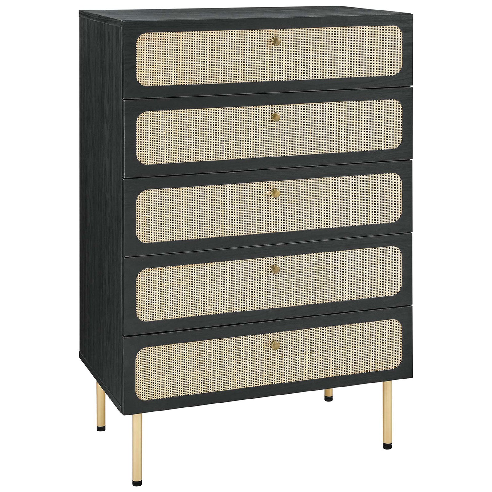 Black 5-drawer chest with oval rattan drawer fronts and slim gold-tone legs for modern bedrooms || MOD-7065-BLK || front_angle_studio