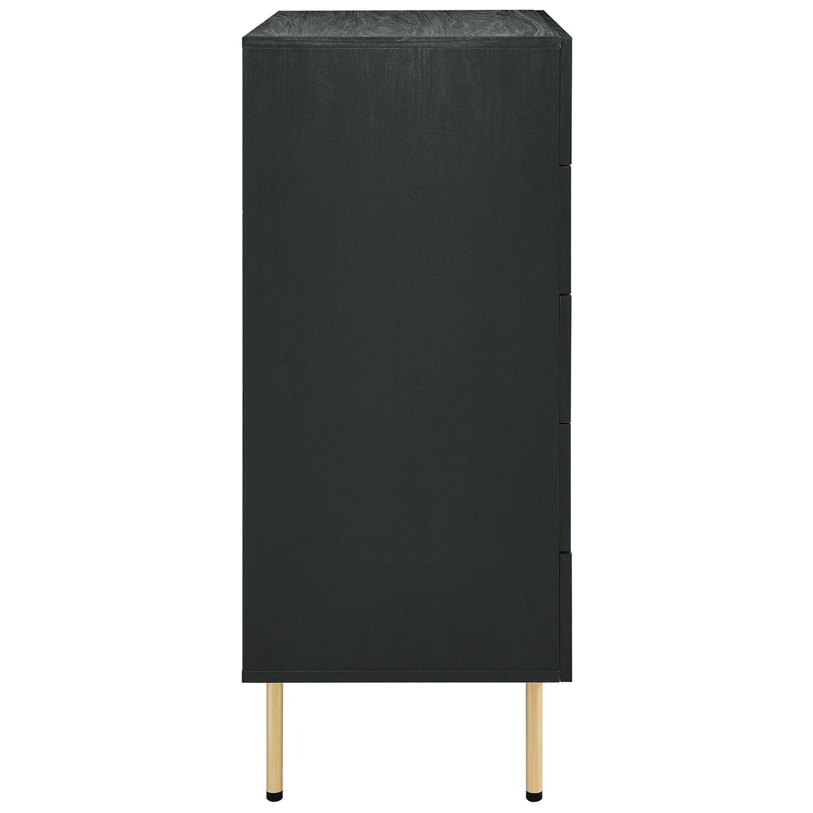 Sleek black chest with five rattan drawers and slim metal legs showcasing a textured wood grain finish || MOD-7065-BLK || side_studio