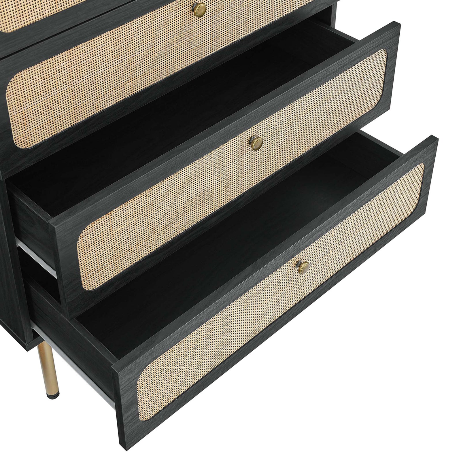 Roomy full-extension drawers glide open to reveal generous storage for folded clothes and linens || MOD-7065-BLK || storage_open_studio