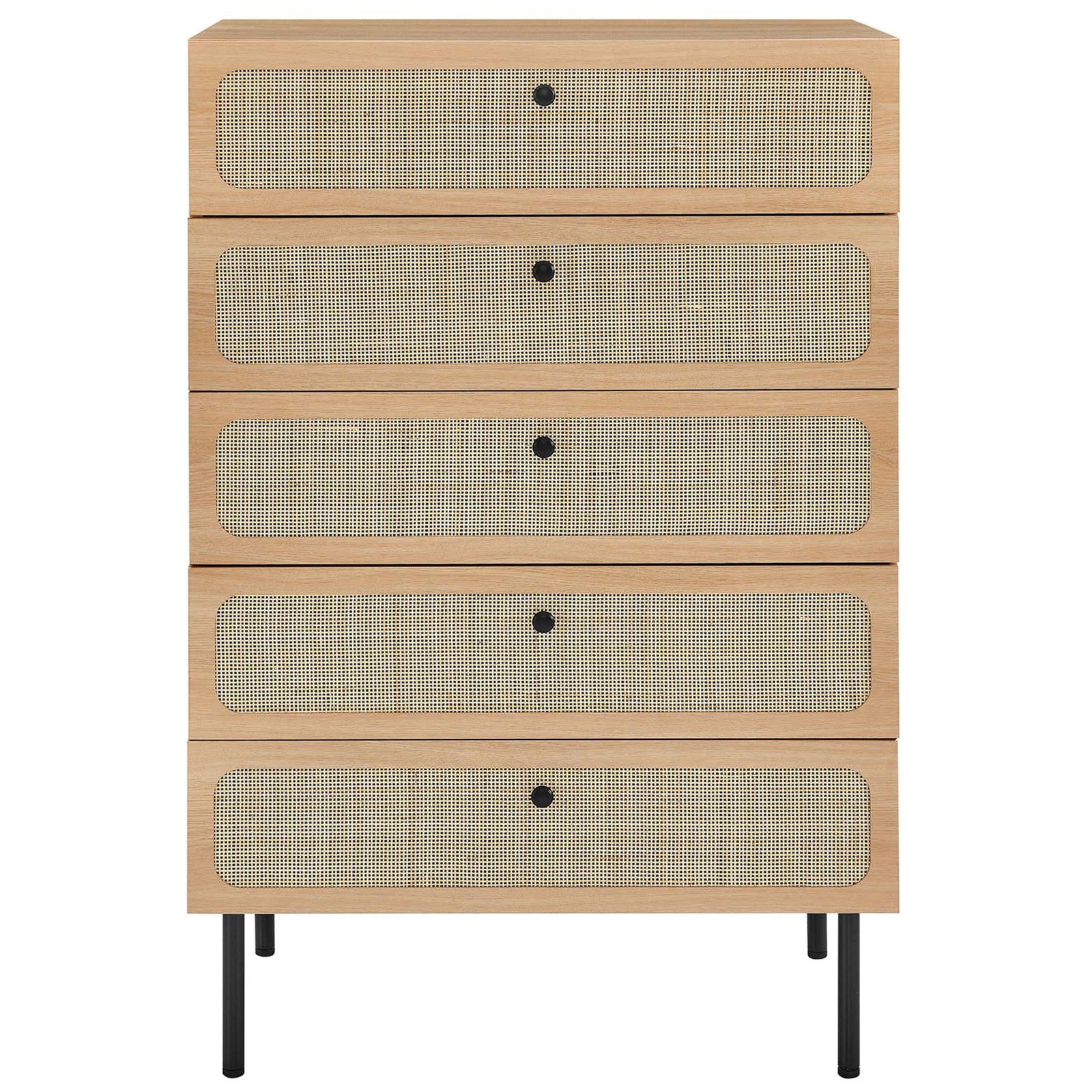 Oak 5-drawer chest with five rattan-front drawers and round black pulls in a clean silhouette || MOD-7065-OAK || front_studio