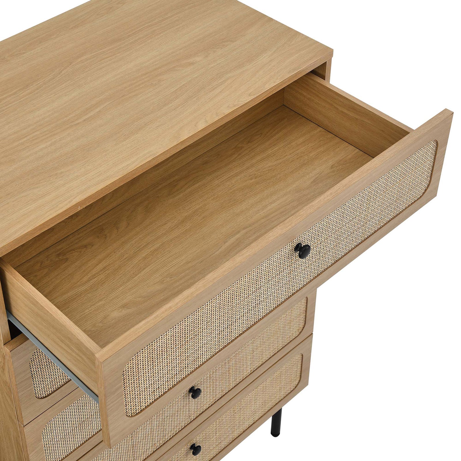Top drawer open to show generous storage space and warm oak wood grain interior || MOD-7065-OAK || storage_open_studio