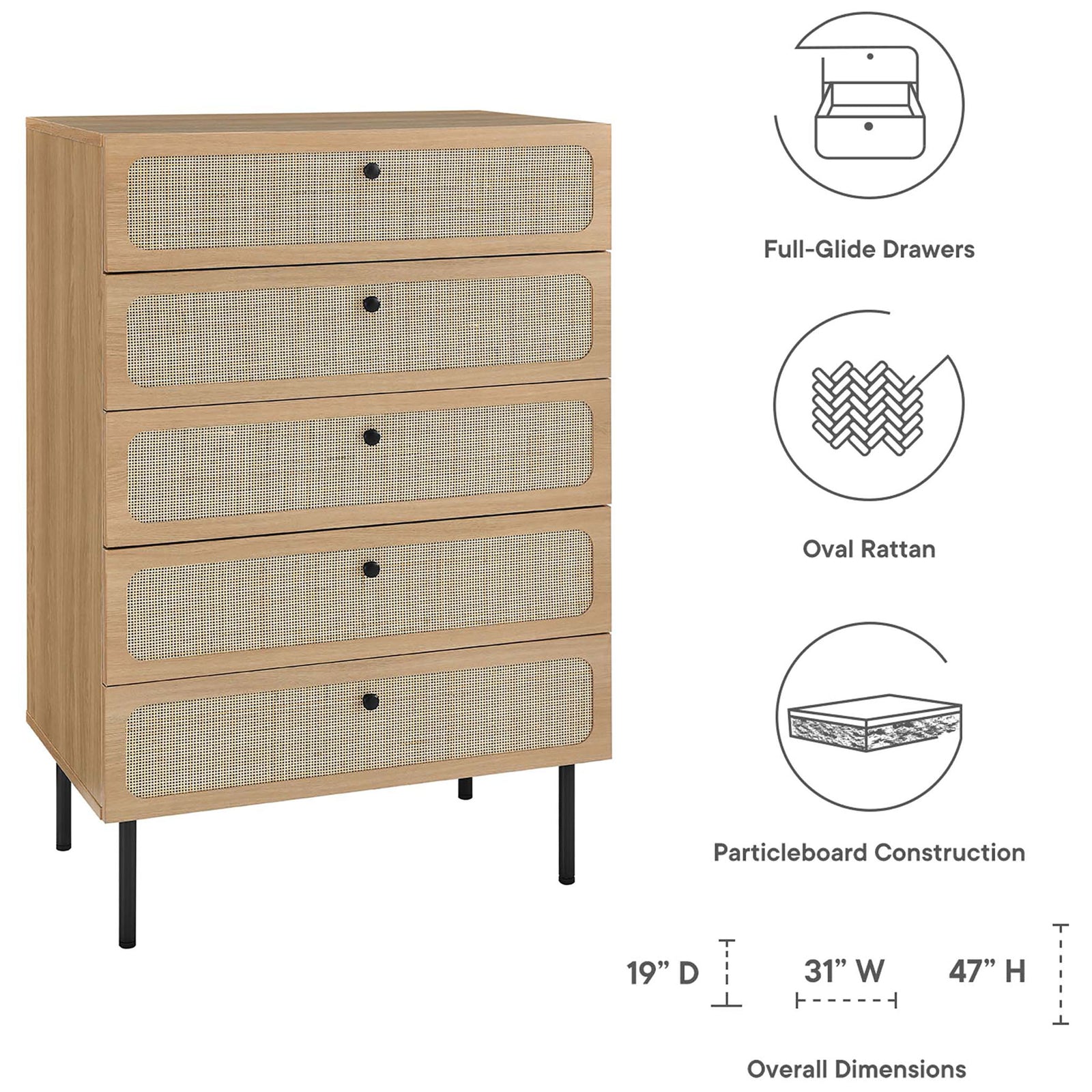 Feature graphic highlighting full-glide drawers, oval rattan fronts, particleboard construction, and dimensions || MOD-7065-OAK || dimension_studio