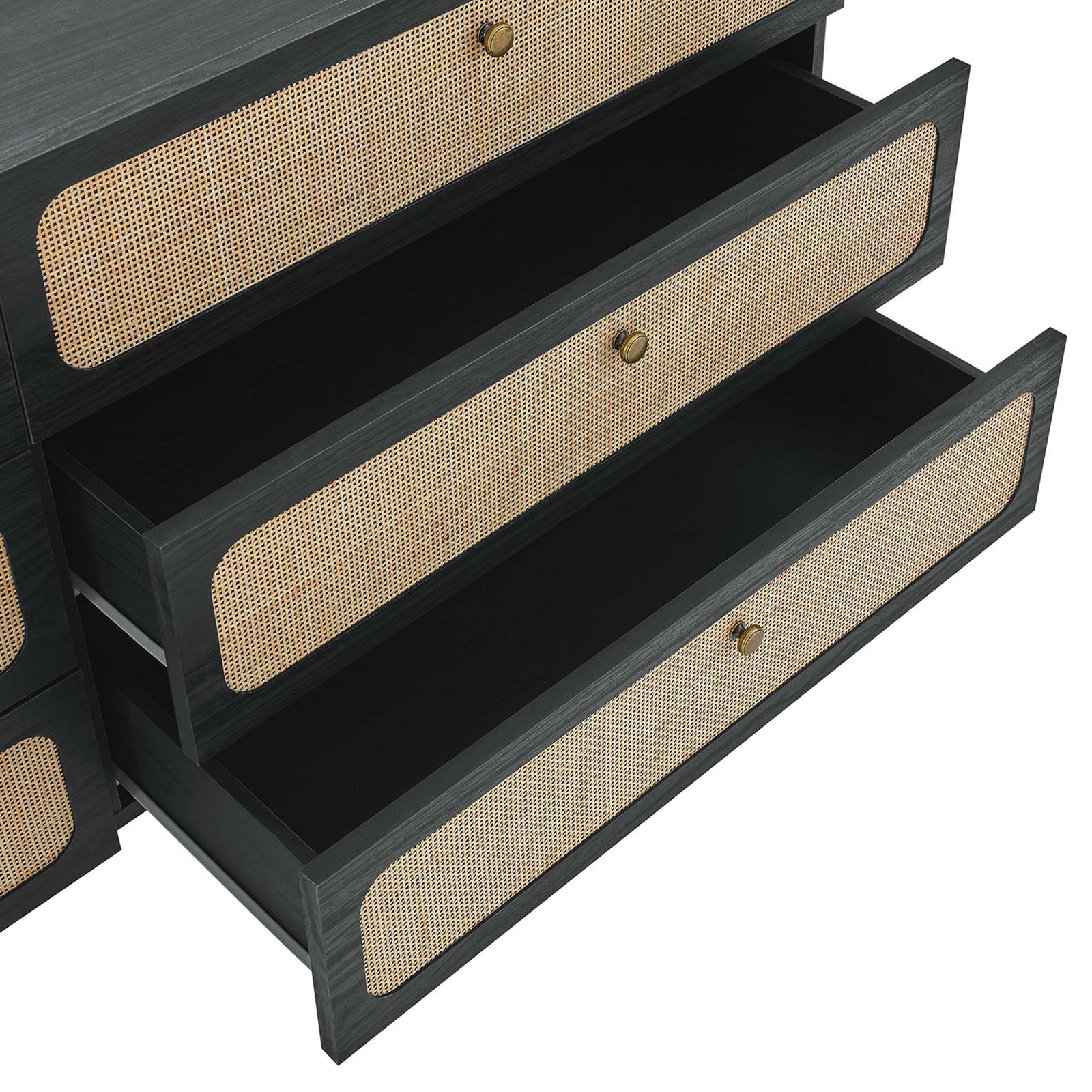 Spacious black dresser drawers with woven rattan fronts and full-extension glides for easy storage. || MOD-7067-BLK || storage_open_studio