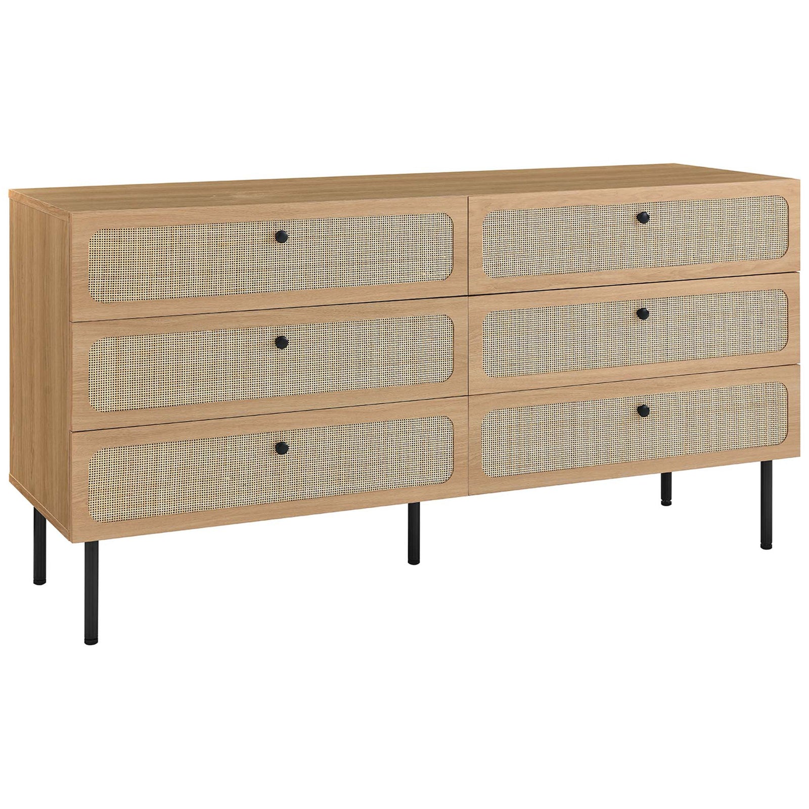 Long low oak dresser with six rattan-faced drawers and slim black legs for modern bedrooms || MOD-7067-OAK || front_angle_studio