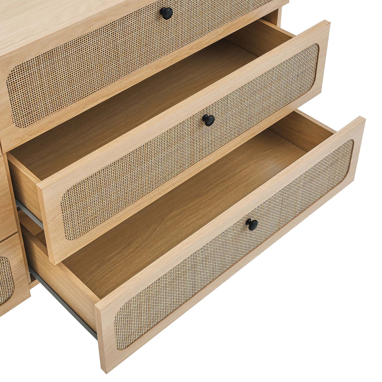 Open rattan-front drawers revealing spacious storage inside the Chaucer oak 6-drawer dresser || MOD-7067-OAK || storage_open_studio