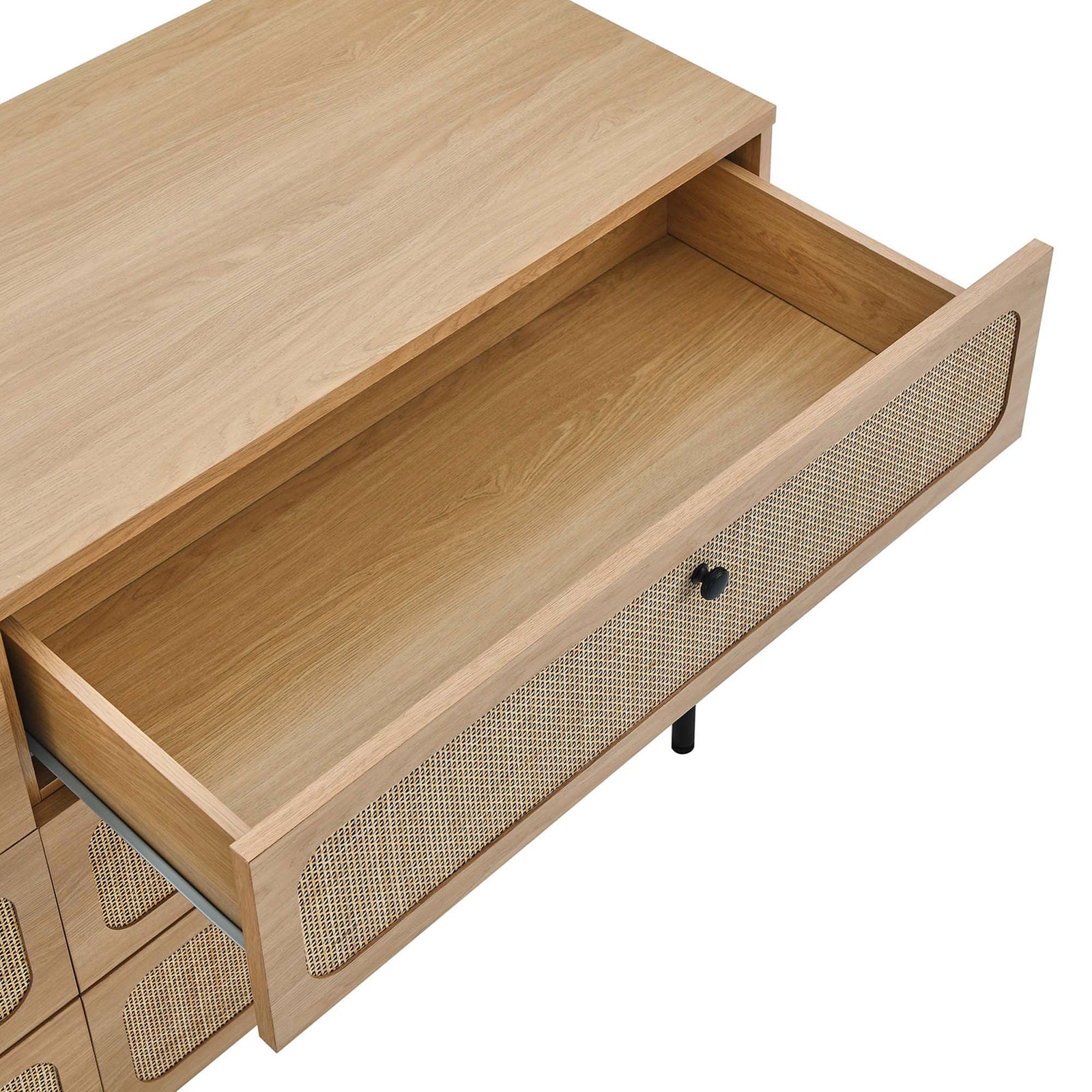 Top drawer of the Chaucer dresser pulled out to show smooth interior oak storage space || MOD-7067-OAK || storage_open_studio