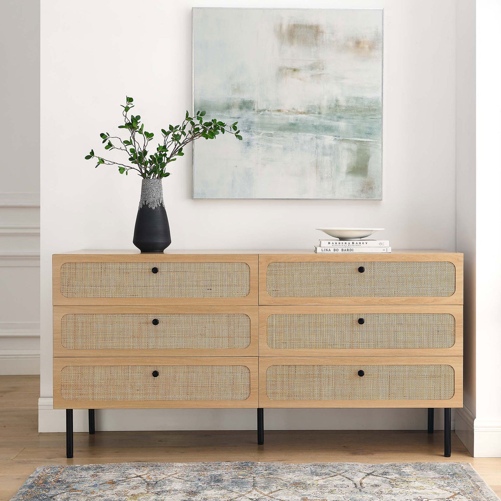 Chaucer oak 6-drawer dresser styled with decor in a light, airy room for a relaxed look || MOD-7067-OAK || front_room
