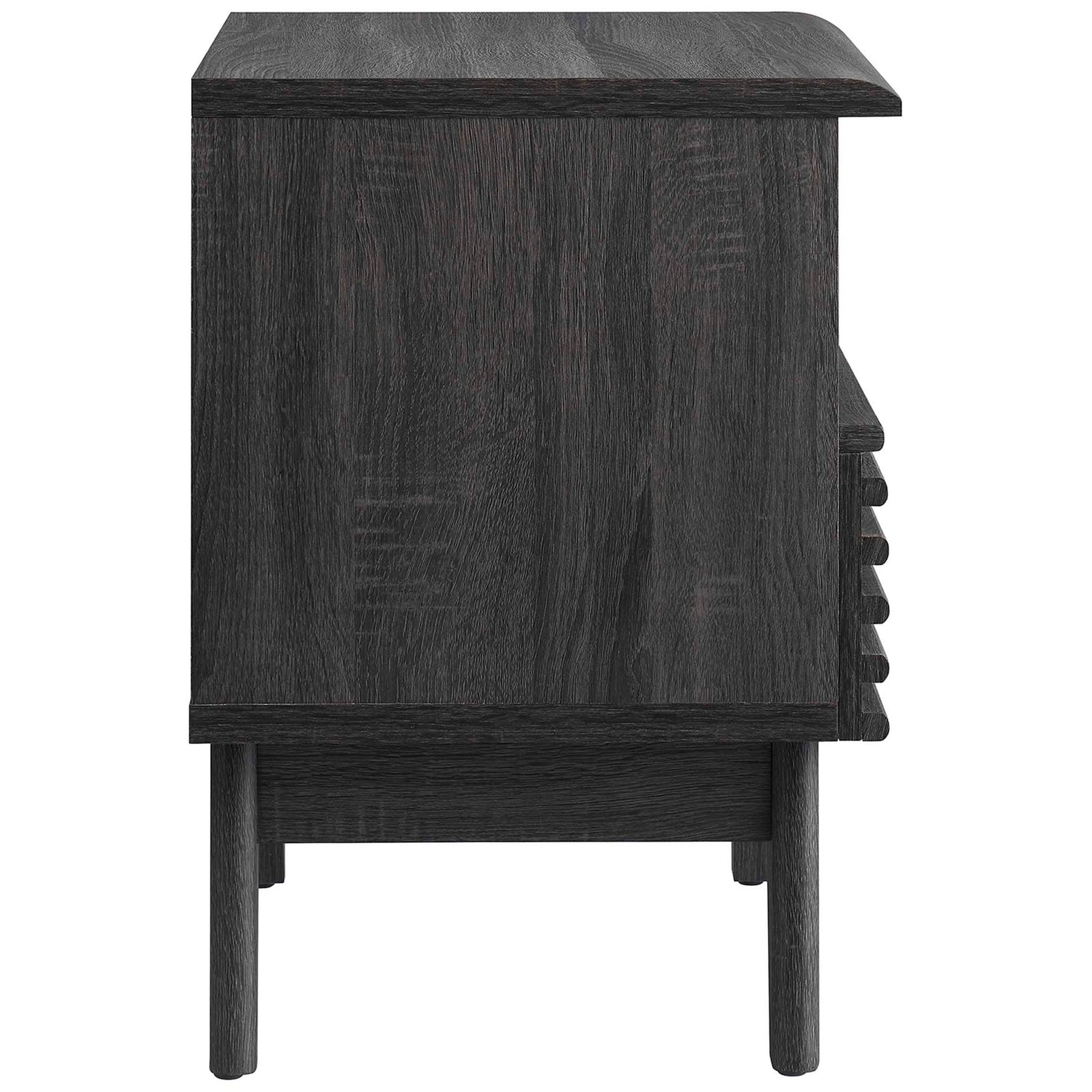 Side profile of charcoal wood grain nightstand with flared legs and clean mid-century lines || MOD-7070-CHA || side_studio