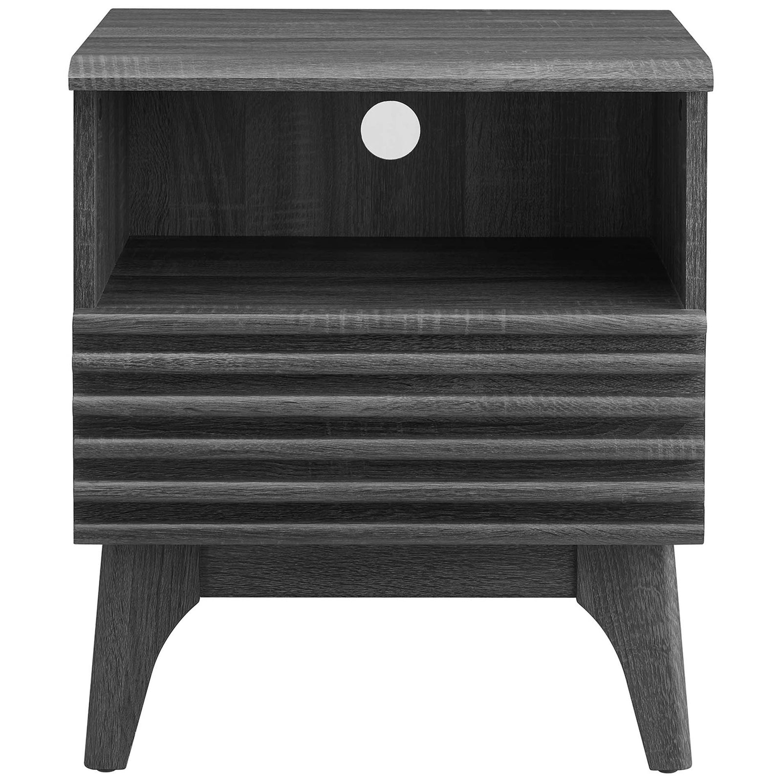 Charcoal nightstand with ribbed drawer front, open cubby, and tapered legs for modern bedside storage || MOD-7070-CHA || front_studio